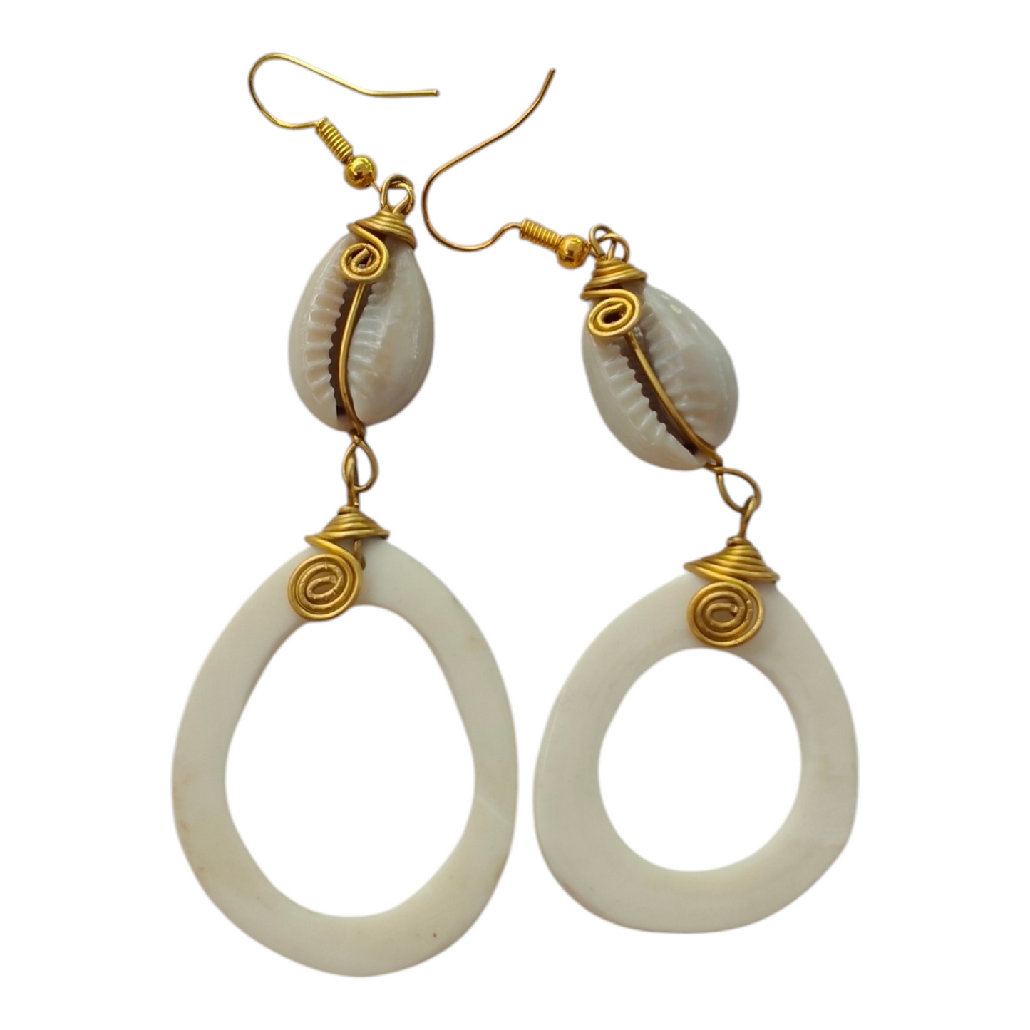 White Bone Open Oval Drop Earrings with Cowrie Shell & Brass | Made in Kibera, Kenya