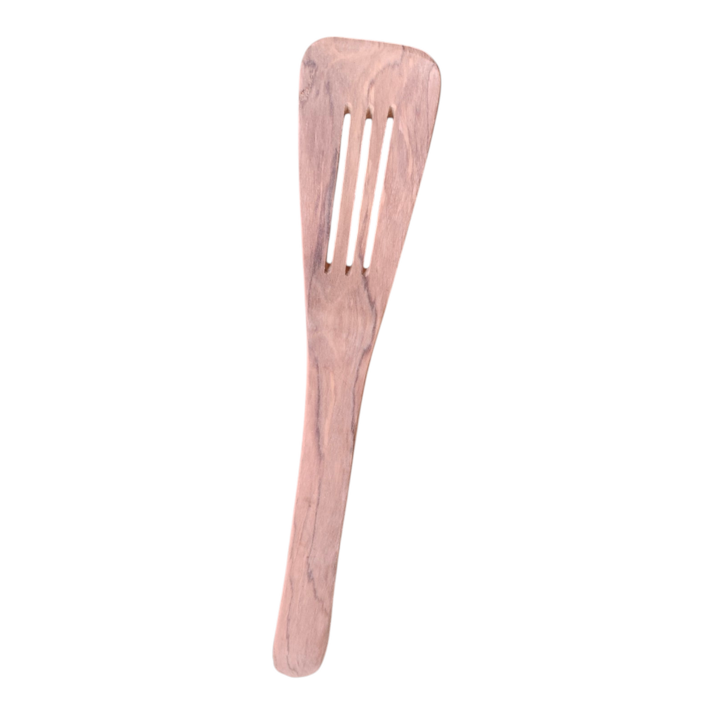 Handcrafted slotted Kenyan olive wood cooking spatula turner with natural grain detail, made in Ukambani Kenya.