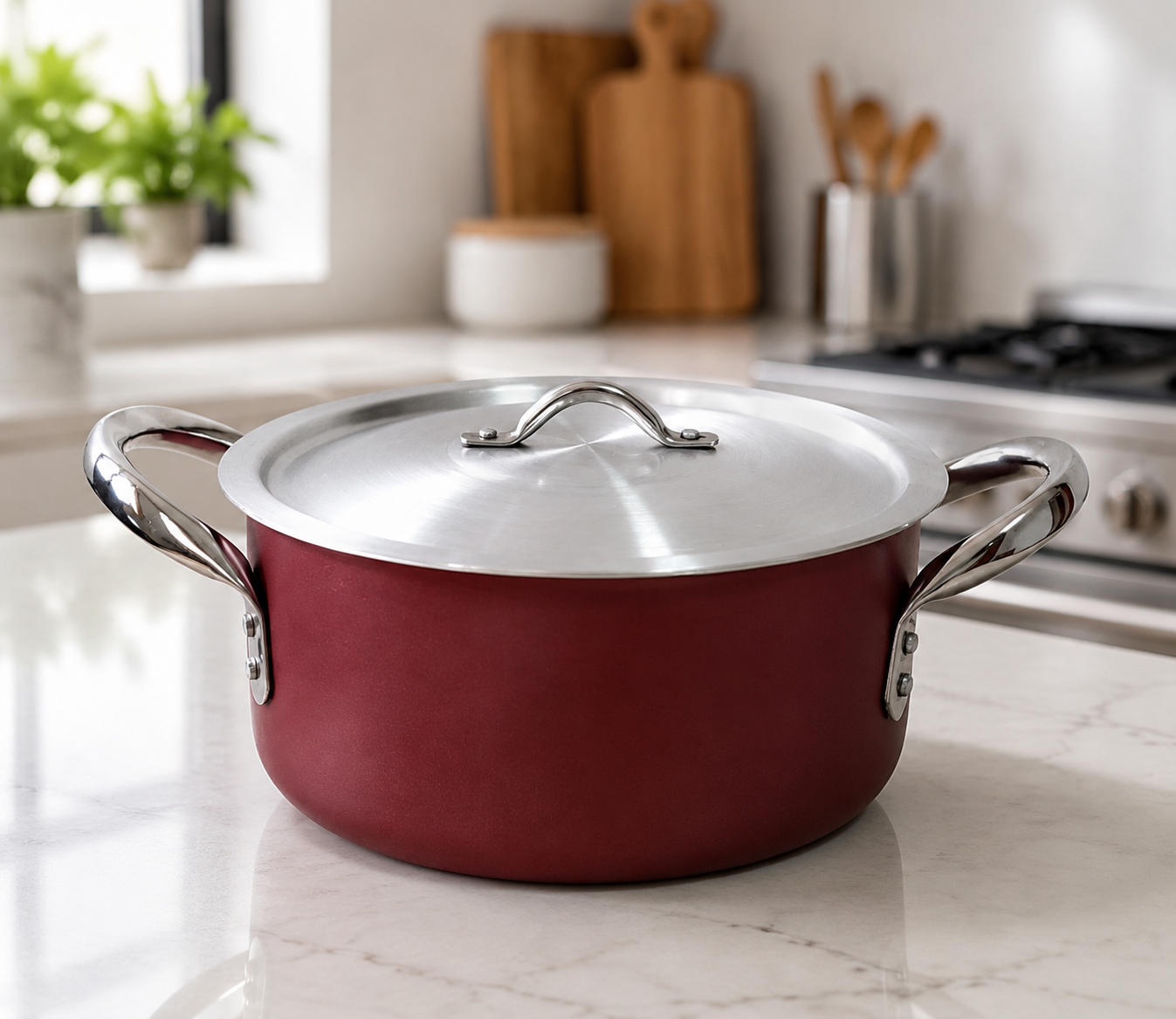 Kaluworks maroon non-stick aluminium casserole sufuria with stainless steel double handles and matching lid resting on a marble kitchen counter