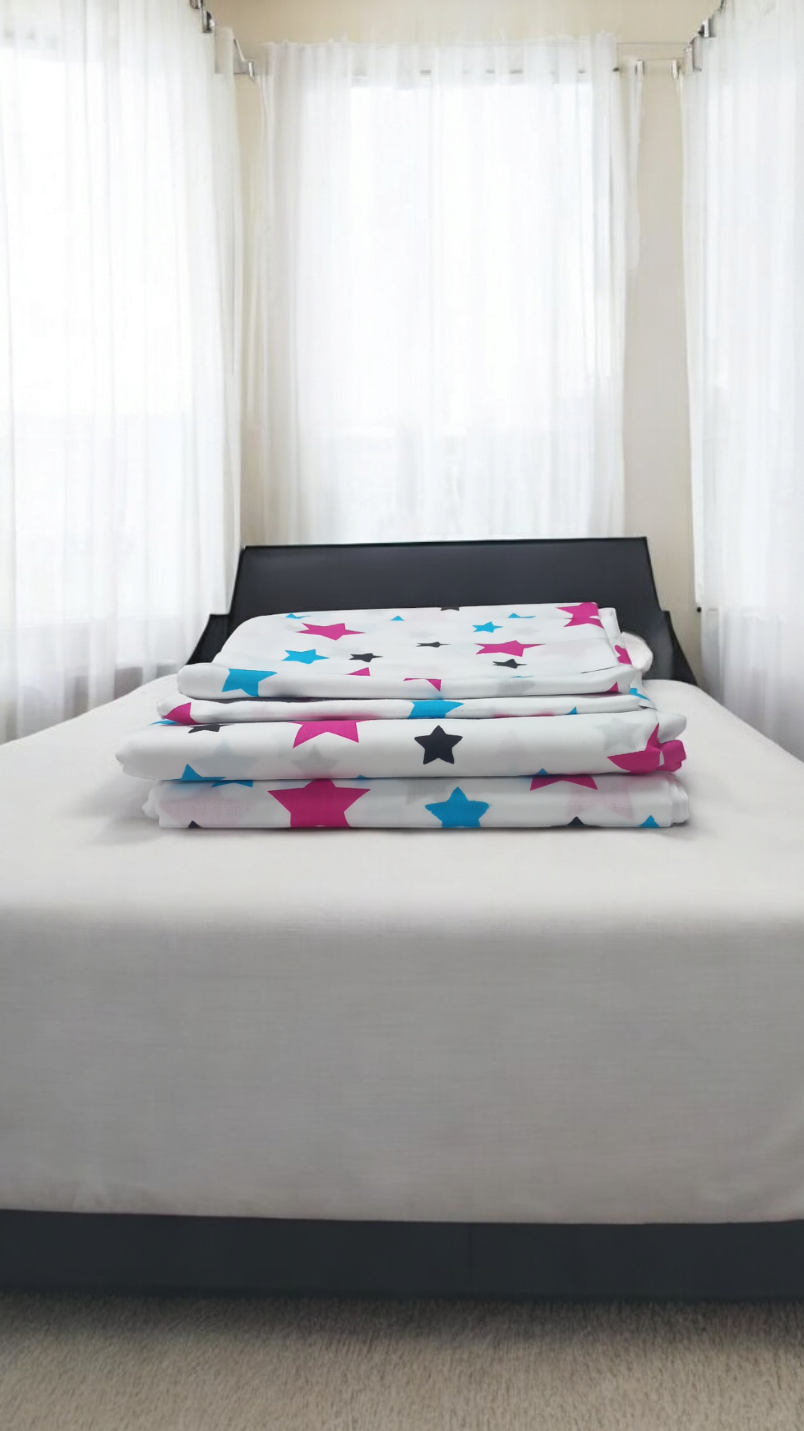 Rivatex Cotton Bedsheet Set - White with Pink Blue Black Stars, 2 Sheets 2 Pillowcases