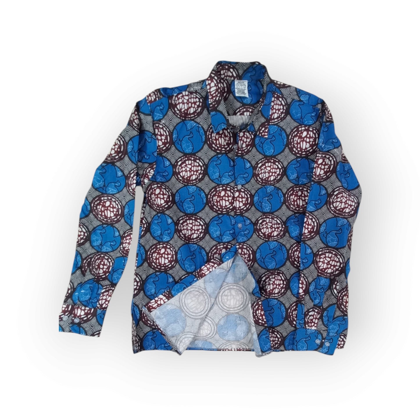 Made in Kenya Rivatex Presidential shirt with a bold blue, white, and reddish-brown global-inspired print, ideal for a unique look.