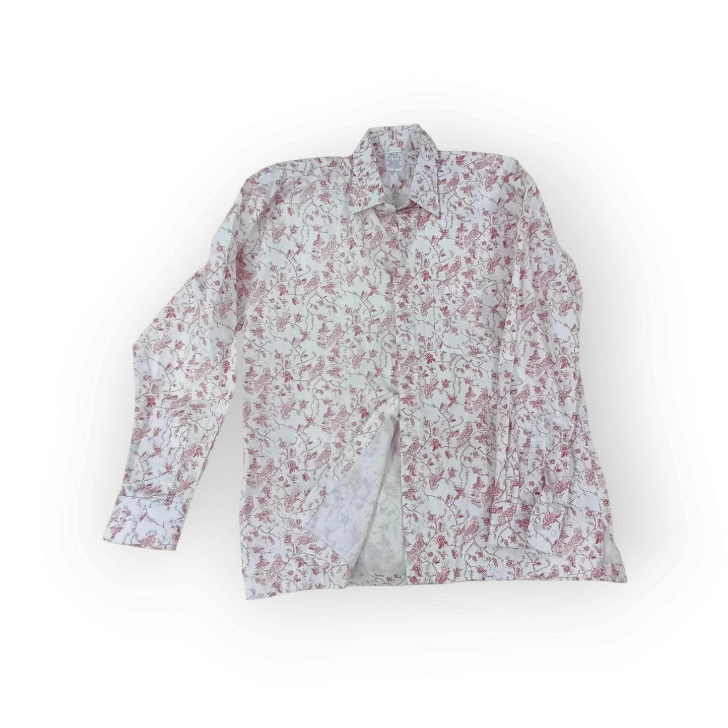 White Rivatex cotton shirt with a repeating delicate pink floral and vine design, suitable for formal and smart-casual wear.
