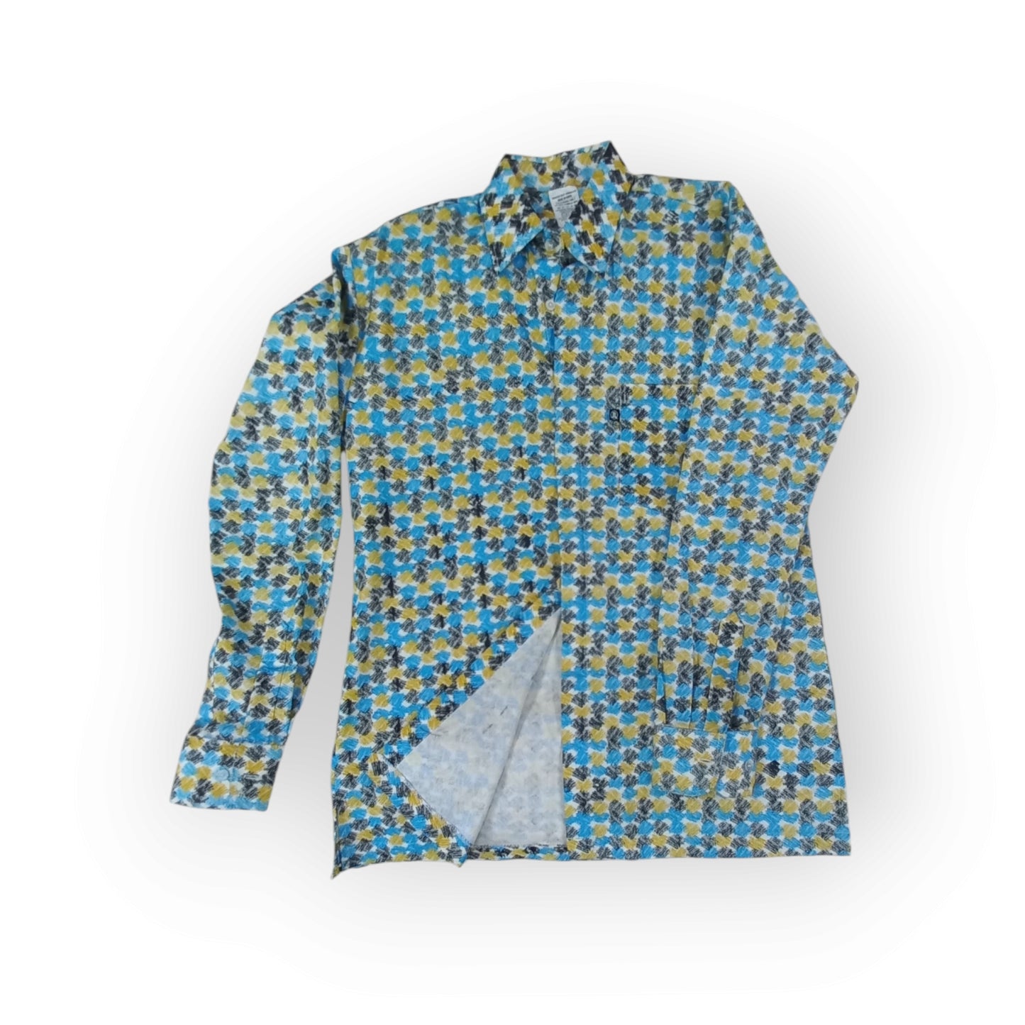 Men's Rivatex cotton Uhuru shirt featuring a dense, intricate blue and yellow mosaic-like print.