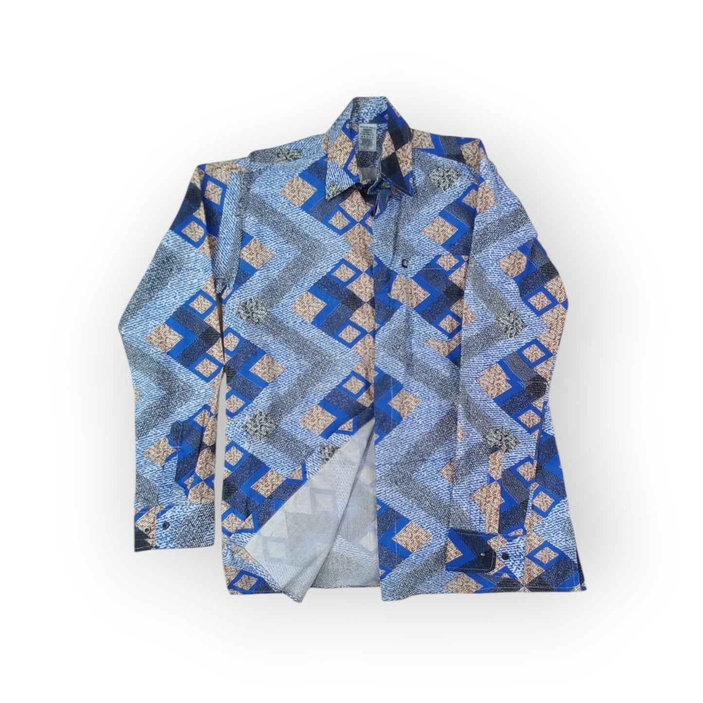 Made in Kenya Rivatex Presidential shirt with a bold blue, brown, and black varied geometric print, ideal for a distinctive, modern look
