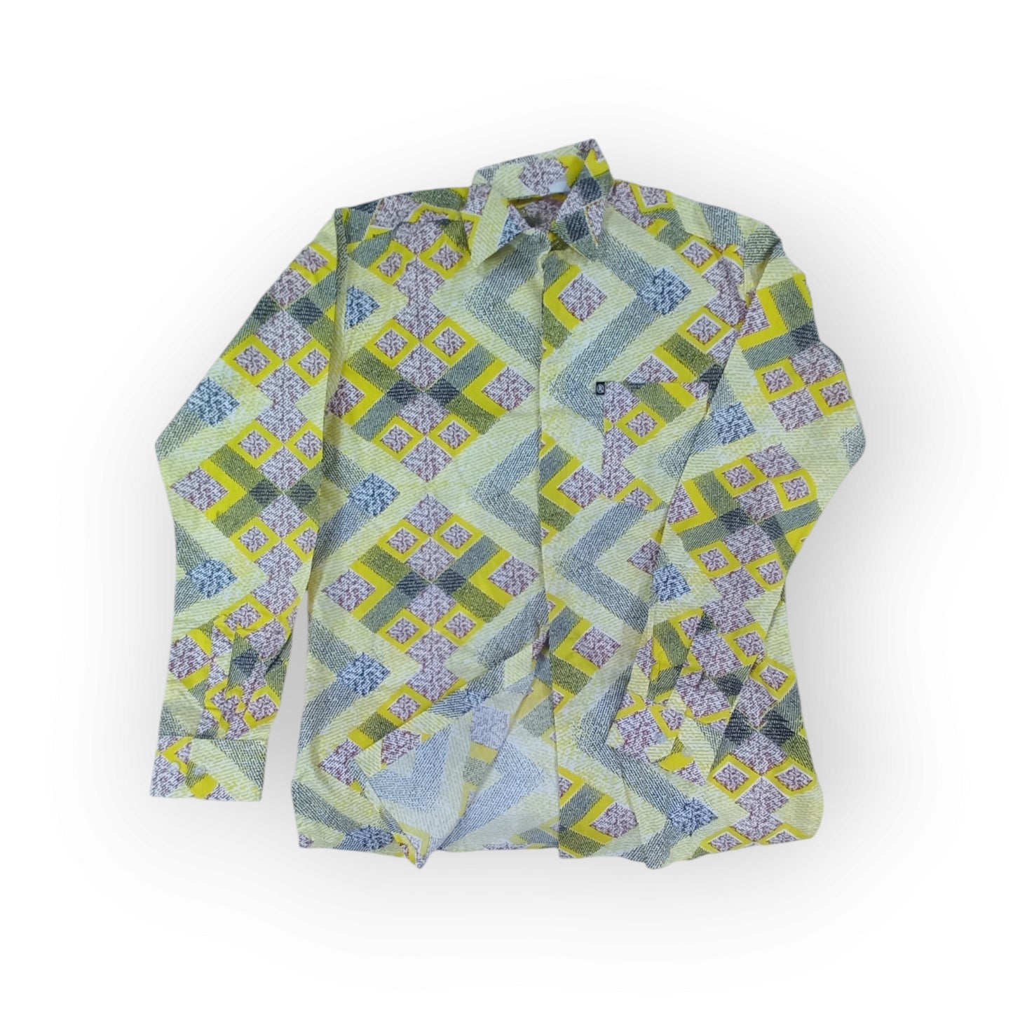 Authentic Kenyan Rivatex shirt, long-sleeve, with a dynamic blue Kitenge-style geometric design, showcasing rich cultural patterns.