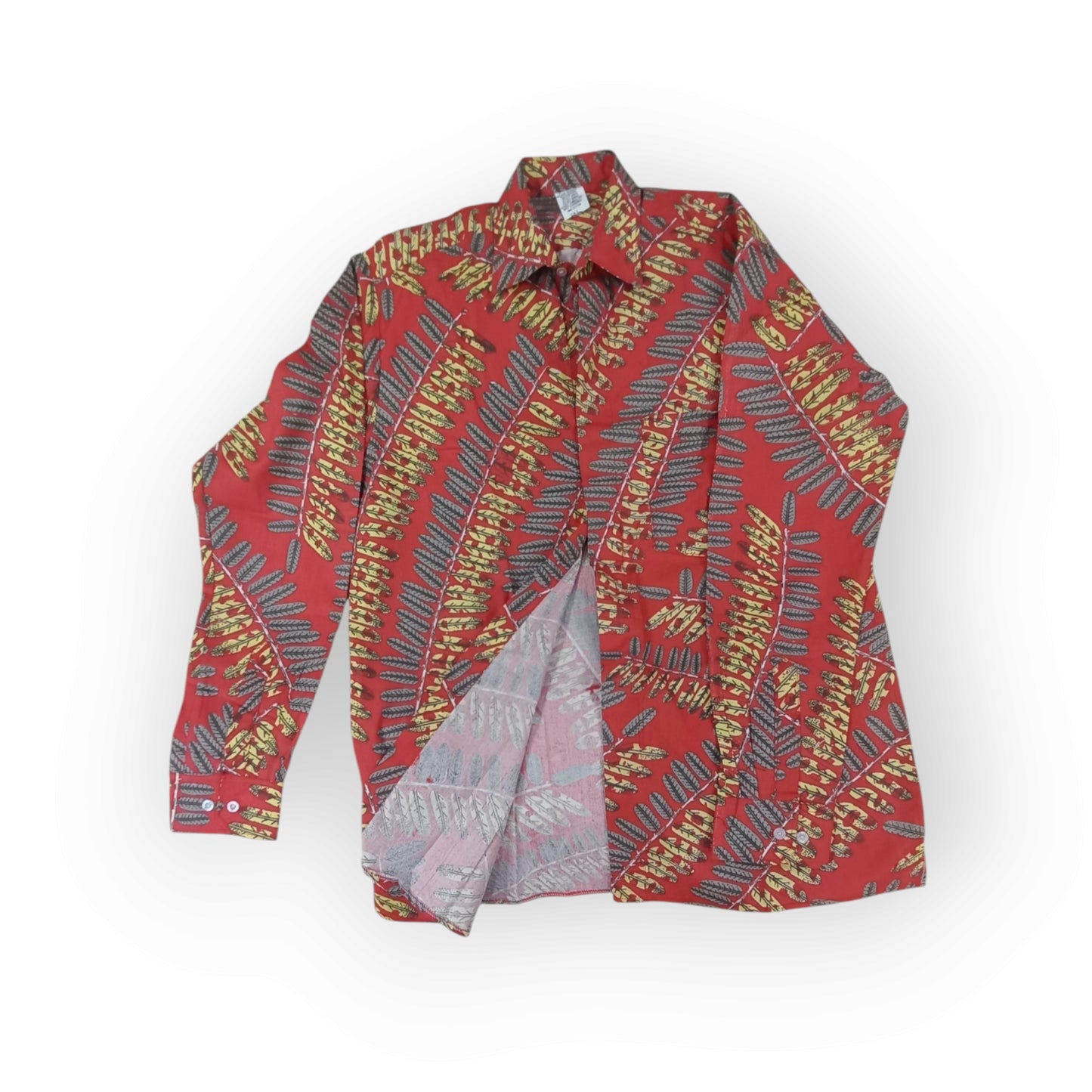 Rivatex Uhuru shirt - Made in Kenya red and green leaf print long sleeve cotton.