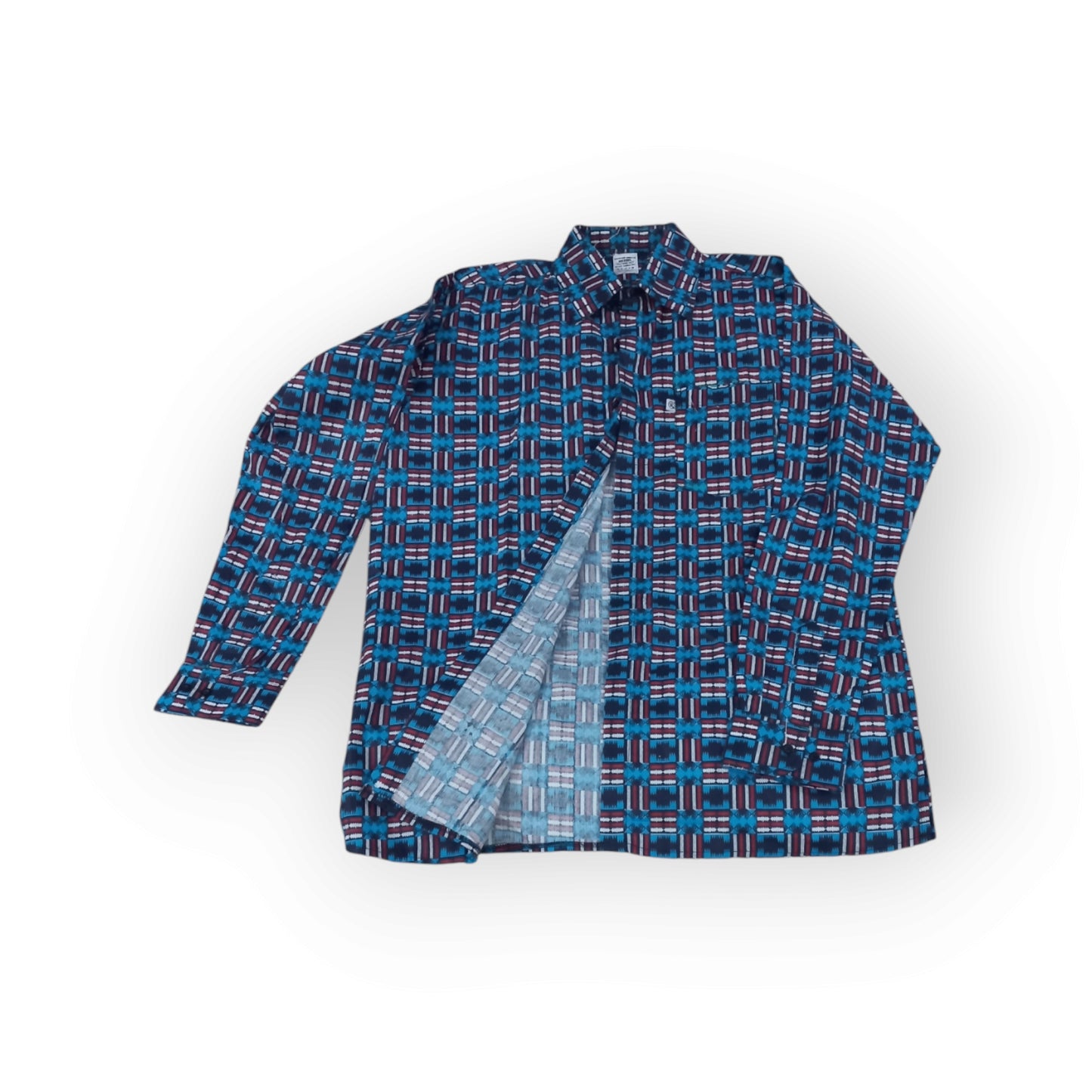 Men's Rivatex Uhuru shirt, Made in Kenya. Long sleeve blue and red geometric pattern cotton shirt.