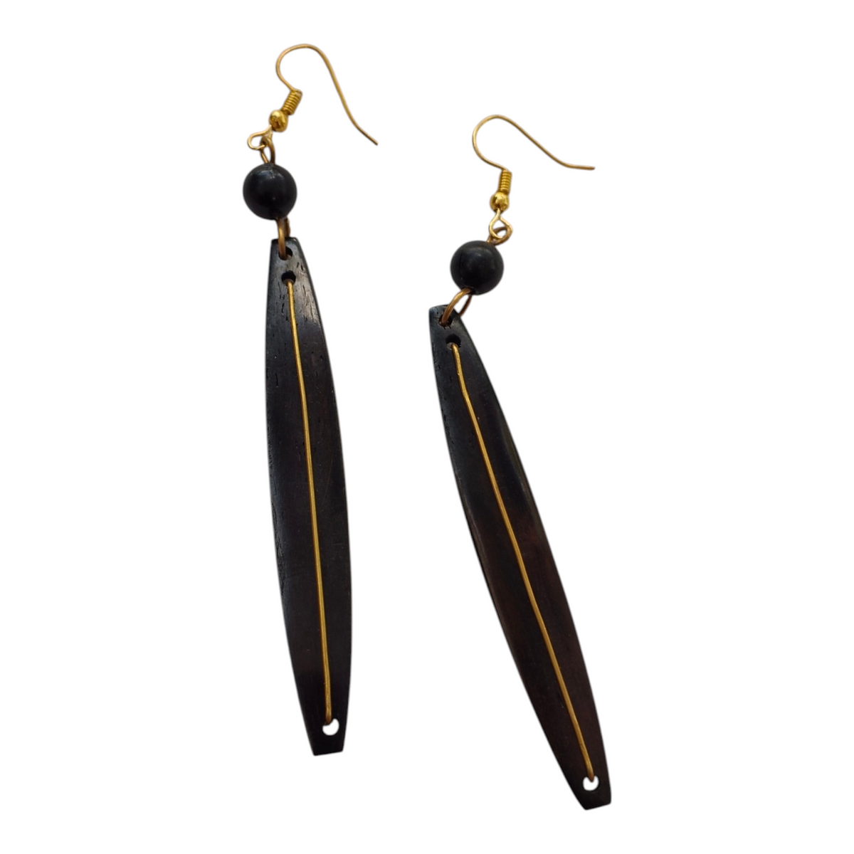 NuaLocal handcrafted dark ebony bone needle drop earrings with inline gold-tone brass wire inlay and black accent bead, made in Kibera, Nairobi, Kenya.