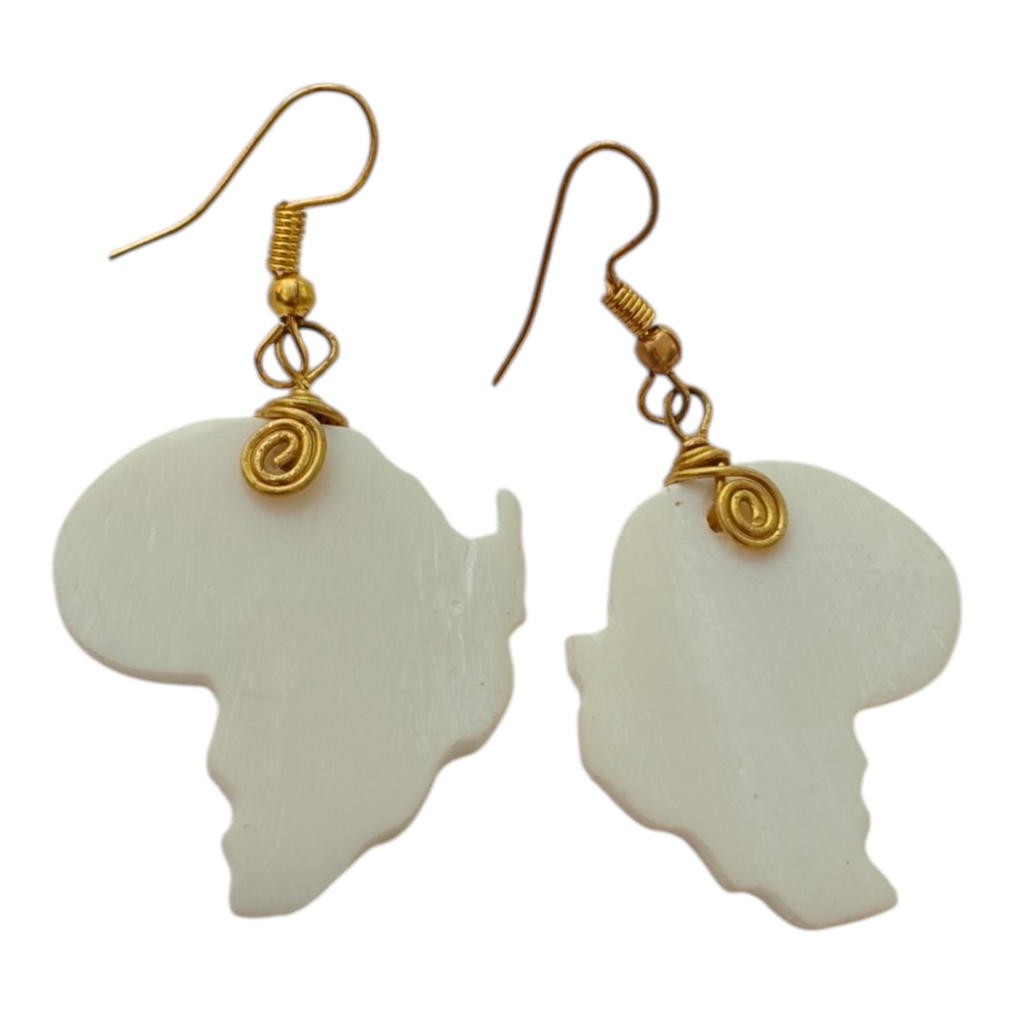 NuaLocal handcrafted off-white upcycled bone Africa map outline drop earrings with brass wire coils, ethically made in Kibera, Nairobi, Kenya.
