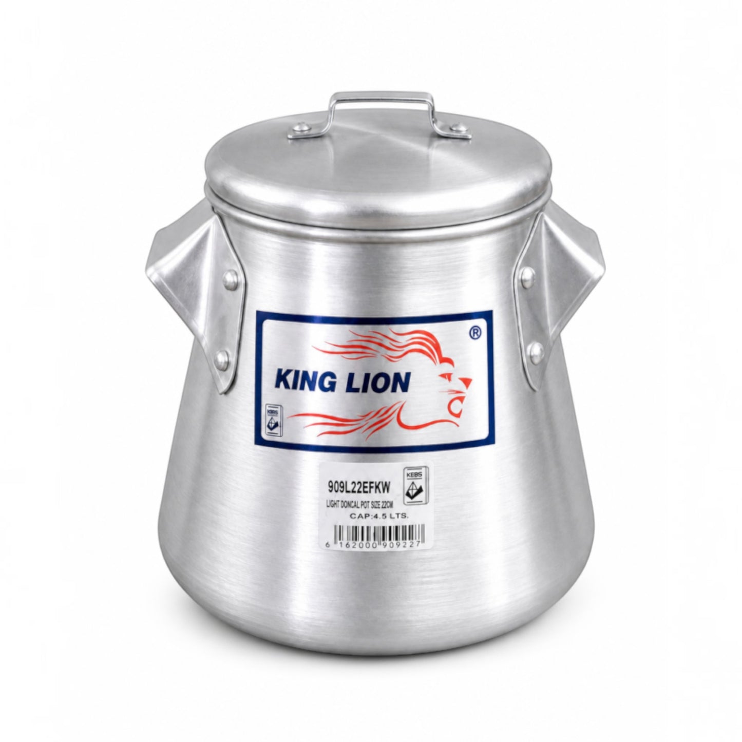 Nualocal King Lion polished aluminium conical cooking pot with lid and riveted handles for efficient heat distribution.