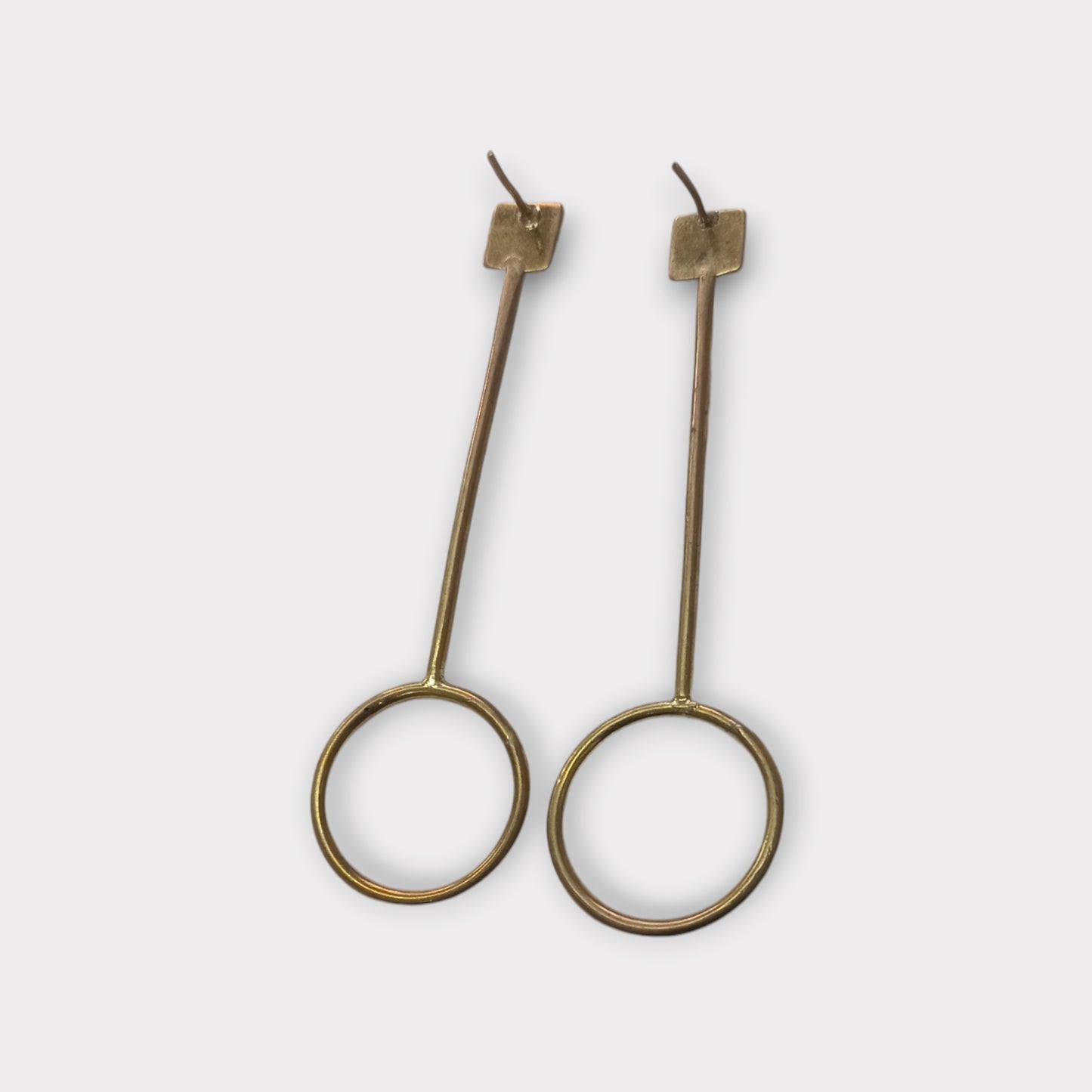 Handcrafted Kenyan Brass Bar and Circle Drop Stud Earrings, Modern Geometric Design