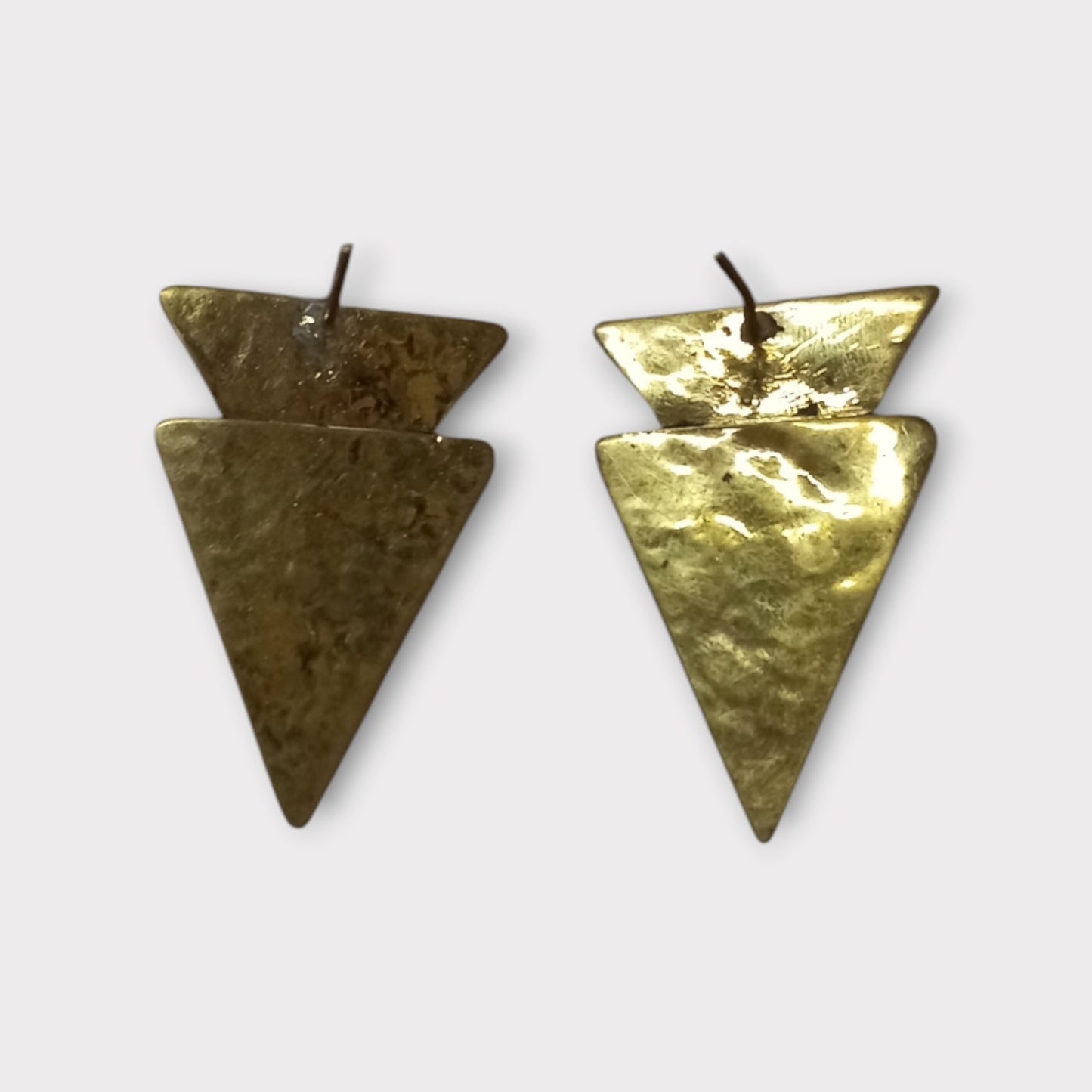 ammered Brass Triangular Stud Earrings, Gold Tone Jewelry