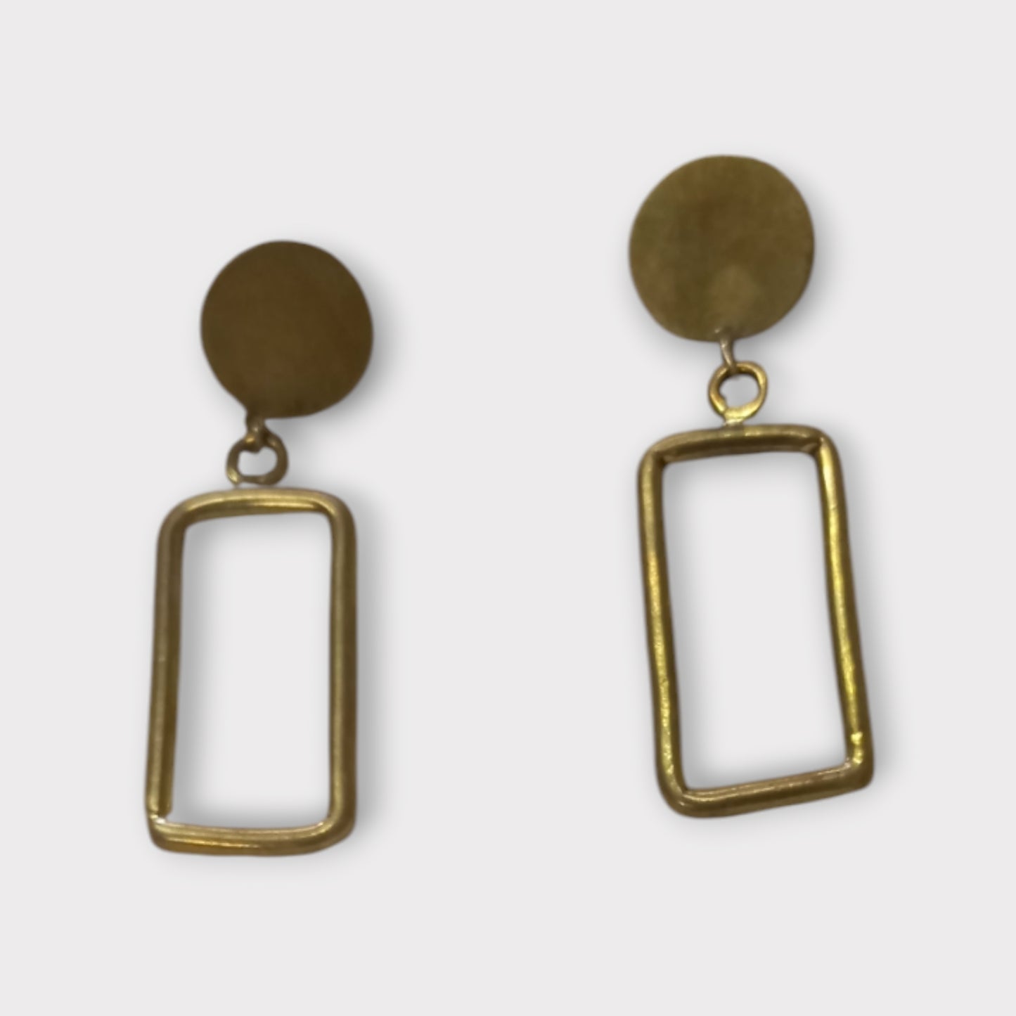 Handcrafted Kenyan Brass Circle Stud with Rectangle Drop Earrings, Geometric Design
