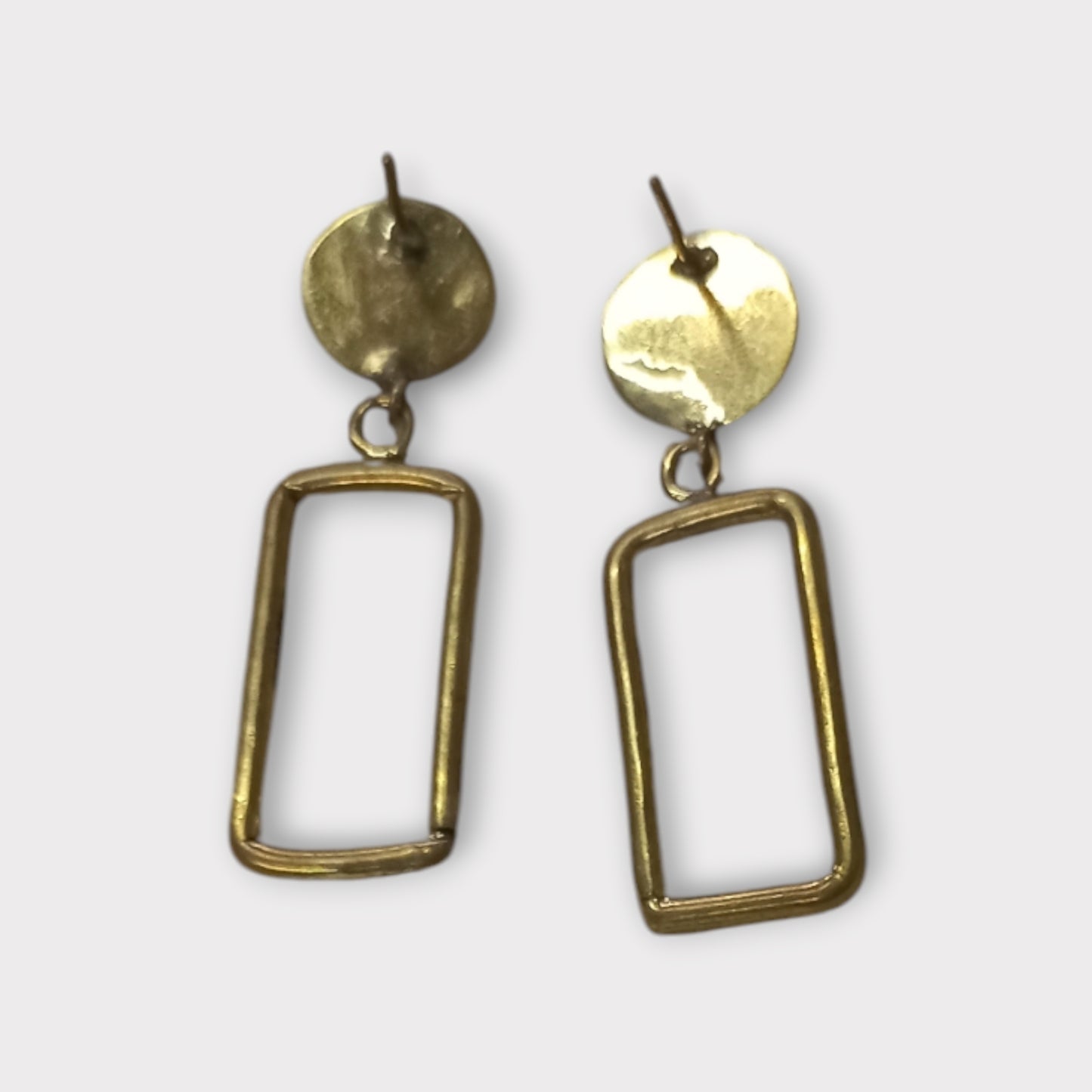 Handcrafted Kenyan Brass Circle Stud with Rectangle Drop Earrings, Geometric Design