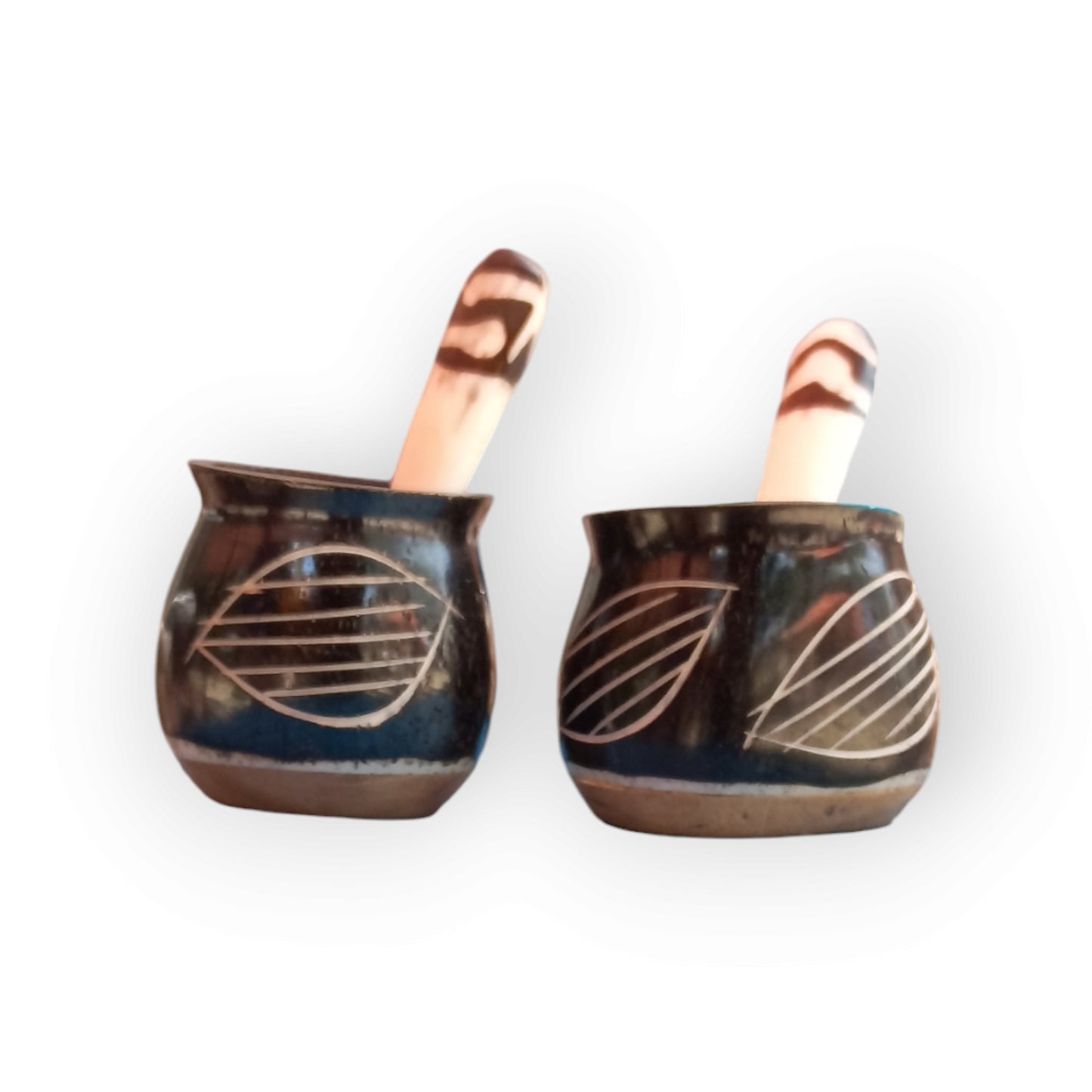 Handcrafted Kenyan Dark Camel Bone Spice Pots with Leaf Pattern and Scoops