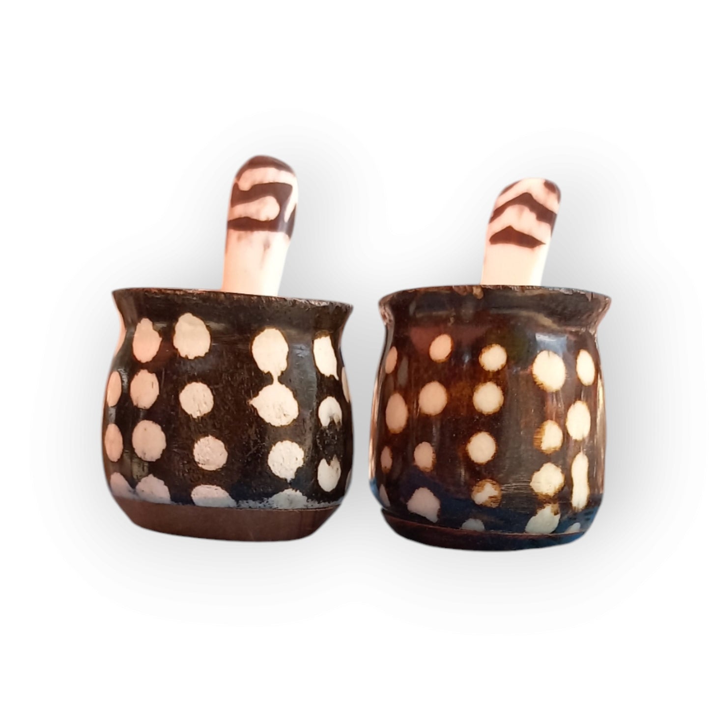 Handcrafted Kenyan Camel Bone Spice Pots with Polka Dot Design and Scoops