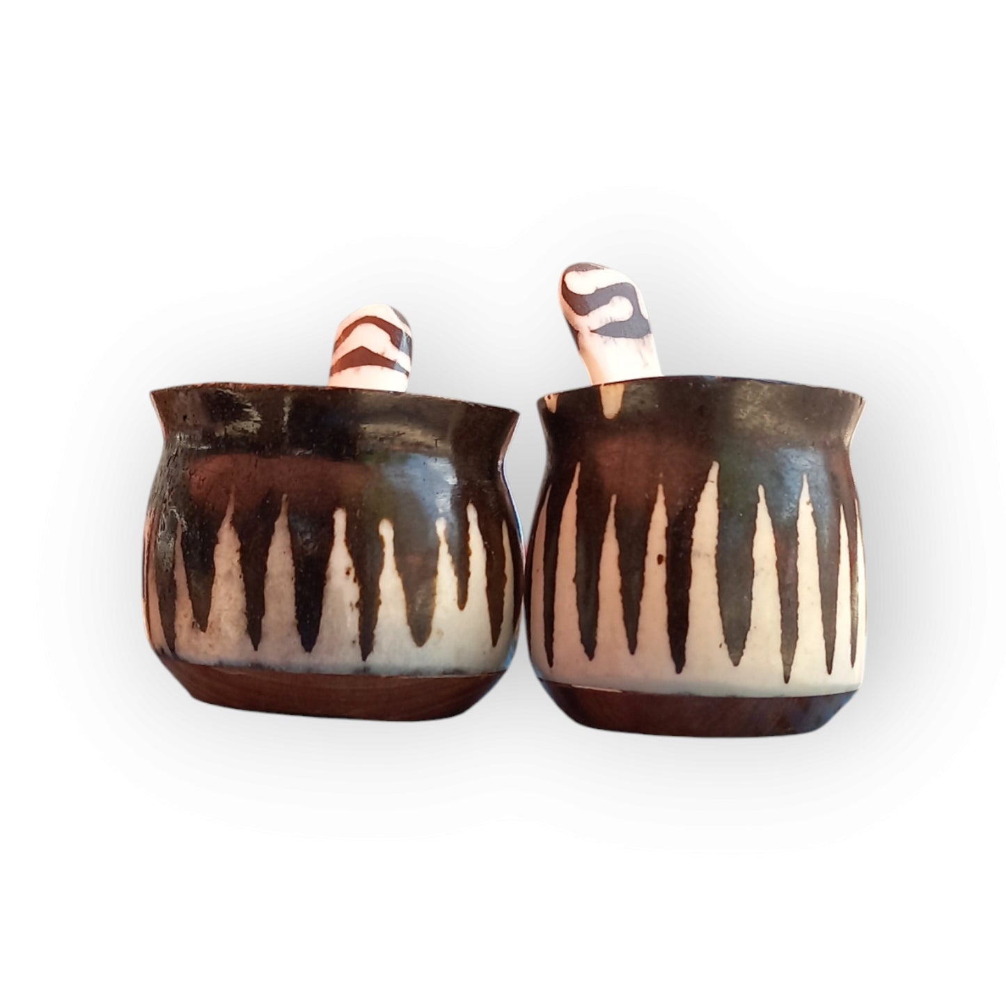 Handcrafted Kenyan Camel Bone Spice Pots with Dripping Stripe Pattern and Scoops