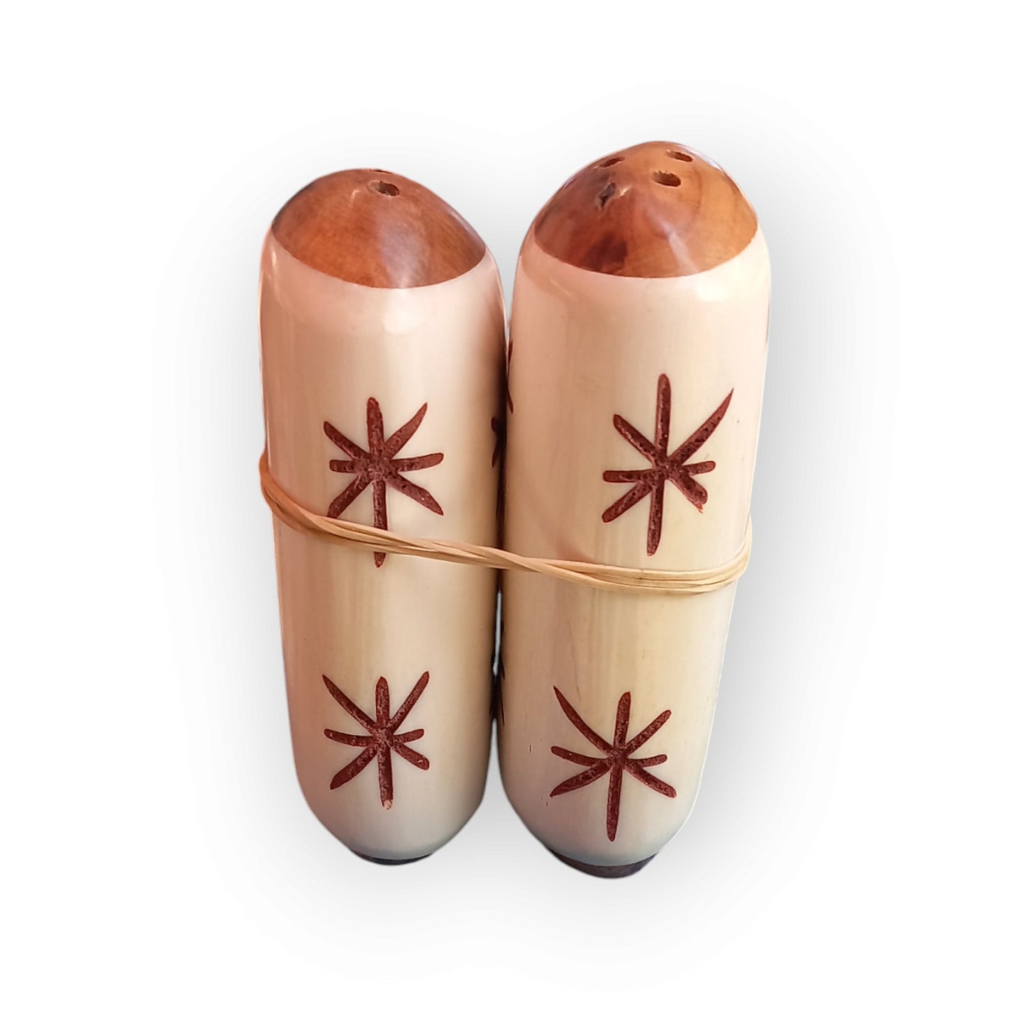 Handcrafted Kenyan Camel Bone Salt and Pepper Shakers with Star Pattern and Wooden Tops