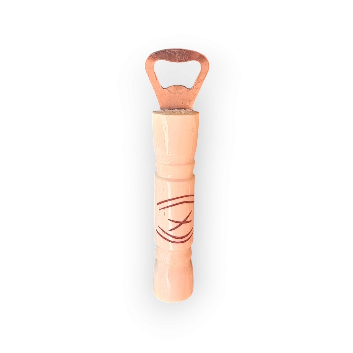 Kenyan handcrafted cow bone bottle opener with etched design and metal head.
