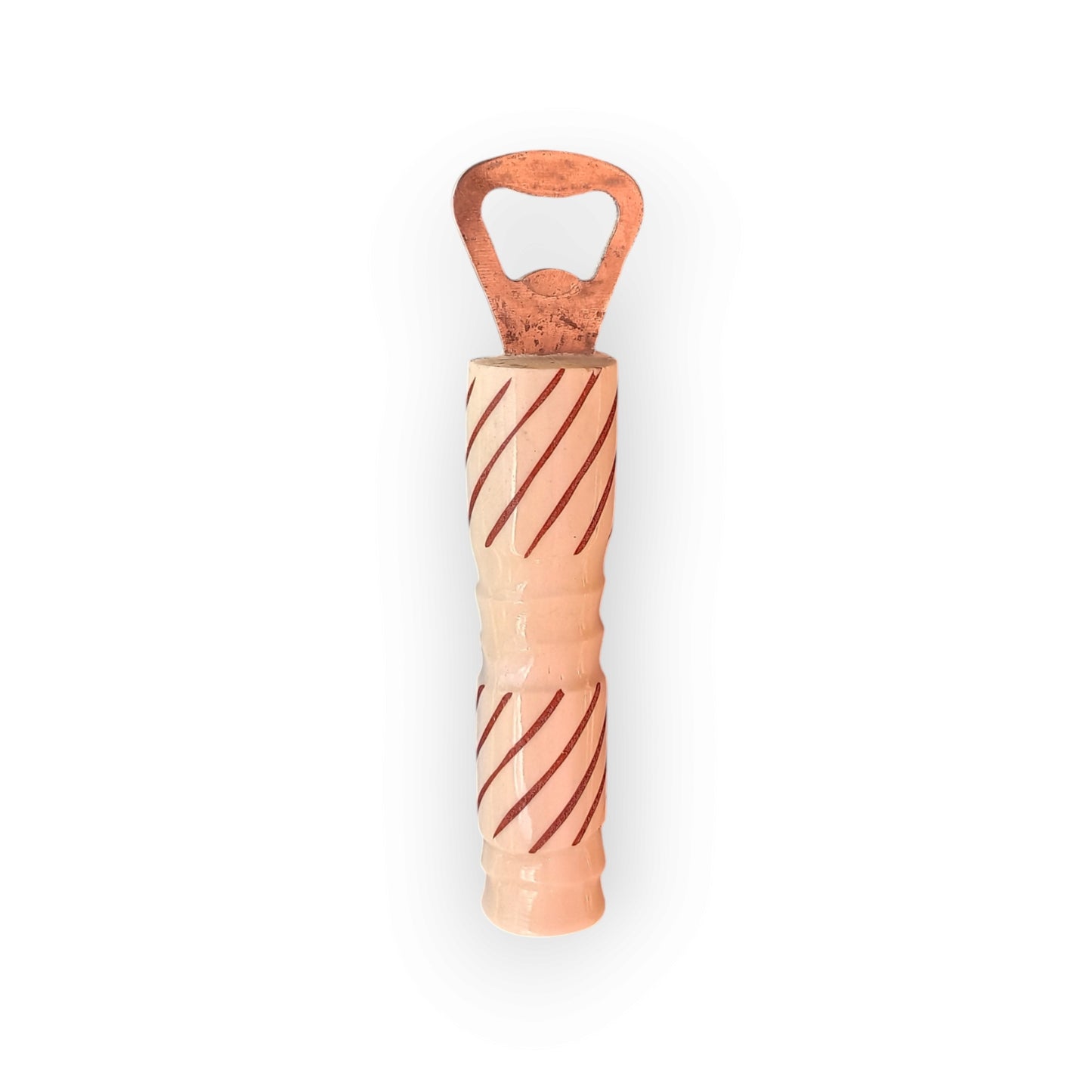 Kenyan handcrafted cow bone bottle opener with bold diagonal stripe design.