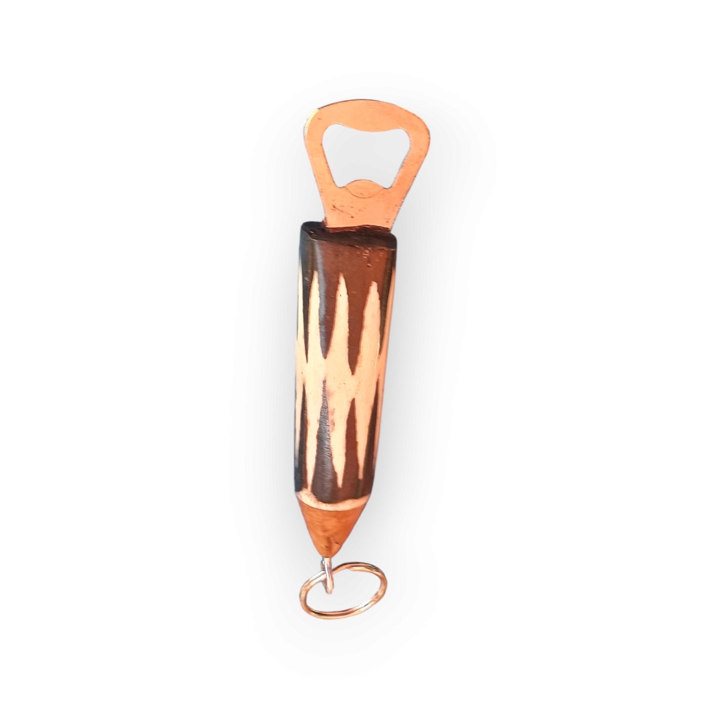 Kenyan handcrafted bone and wood bottle opener keychain with tribal zig-zag design