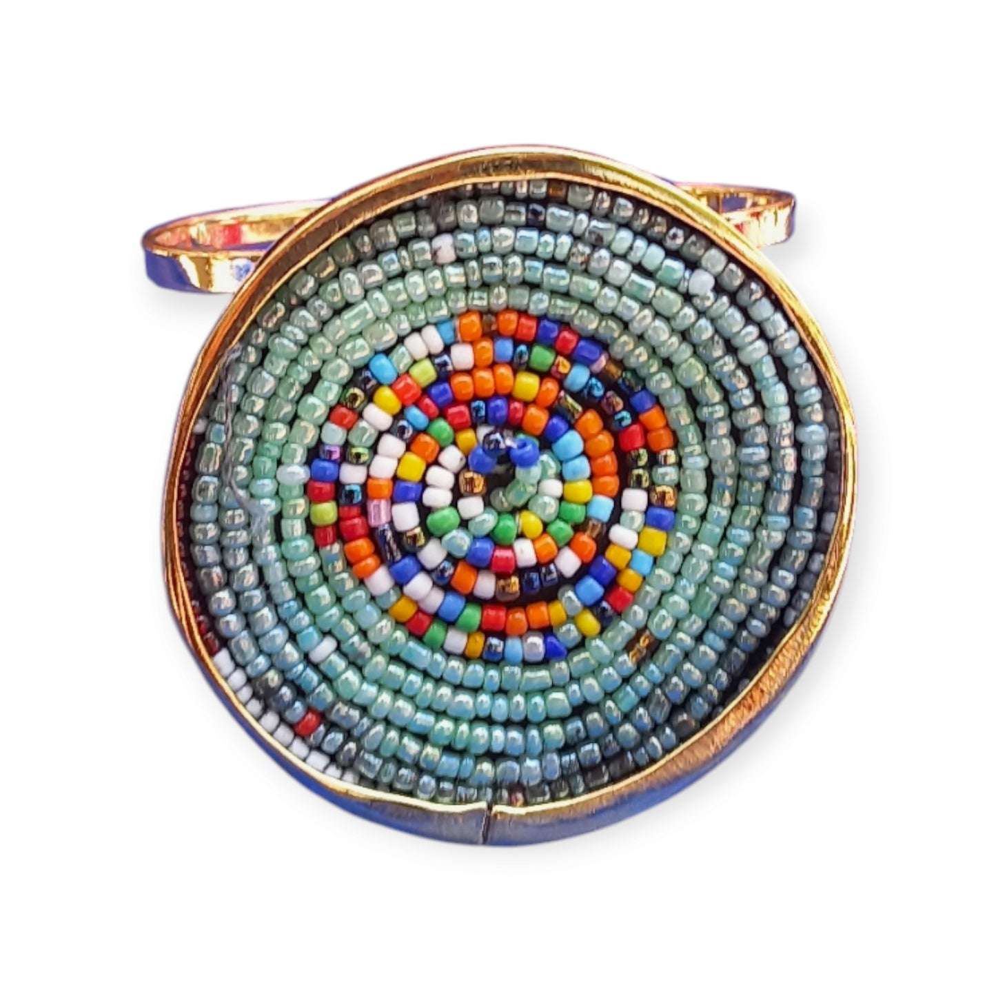 Adjustable open cuff bracelet made of polished brass from Kenya, showcasing a colorful, hand-beaded design