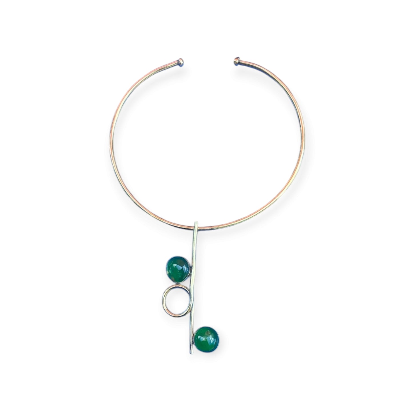 Kenyan-made polished brass choker with a modern art-inspired pendant and two prominent round green stones