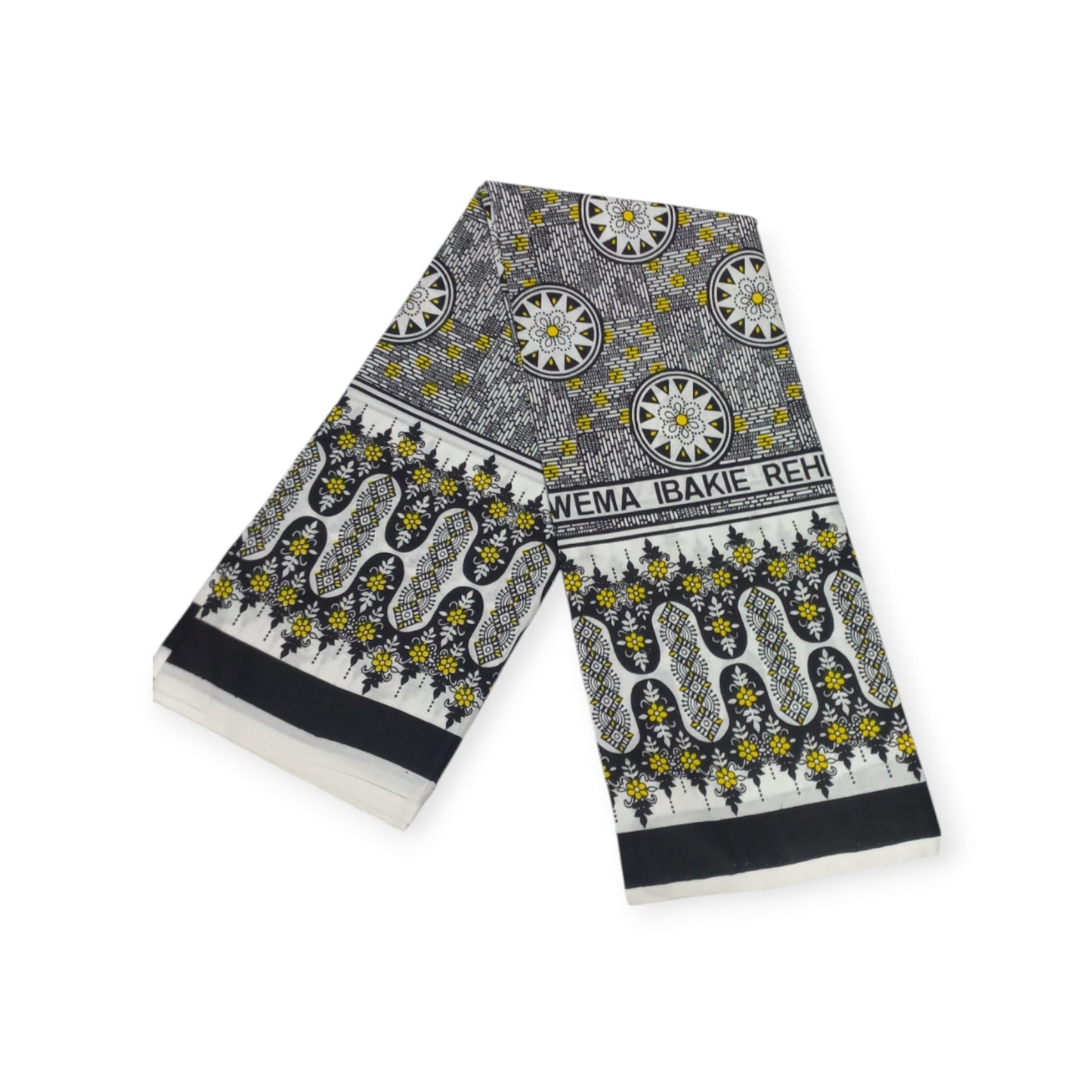 Authentic Rivatex leso pair (Kanga) from Kenya, showcasing intricate black, white, and yellow print.