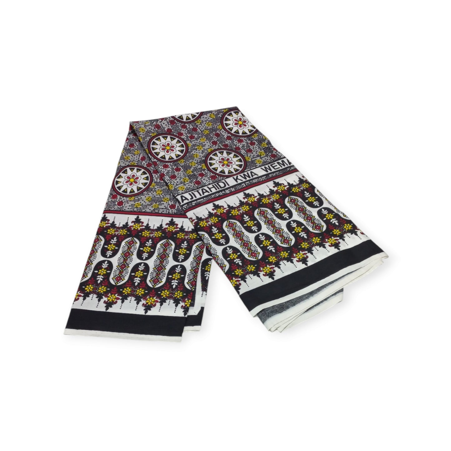 Pair of Rivatex Lesos: Vibrant Red, Yellow, Black, White Design with Inspiring Swahili Message, Made in Kenya