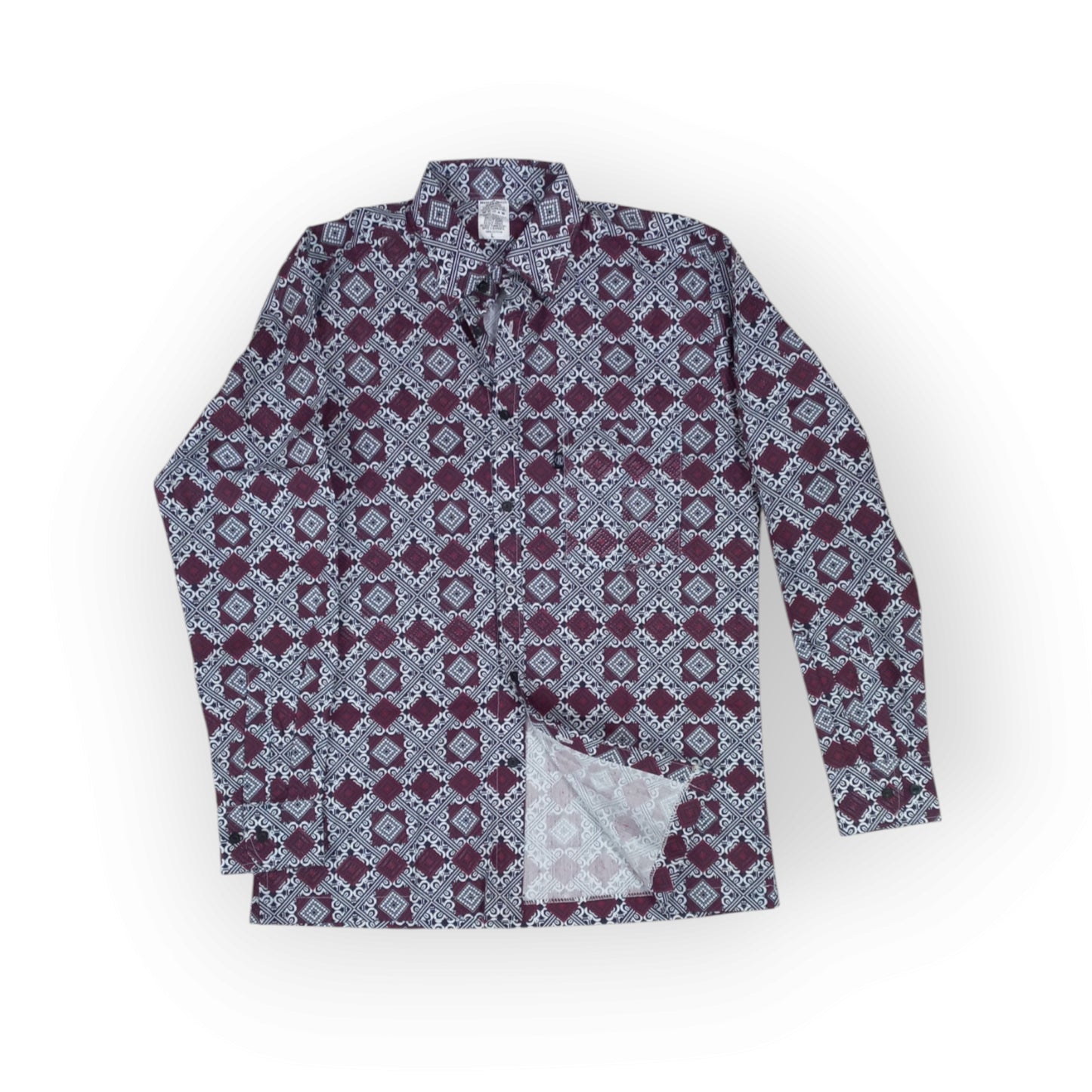 Kenyan Rivatex Uhuru presidential shirt, traditional cotton fabric with maroon and white tribal print, cultural heritage clothing.