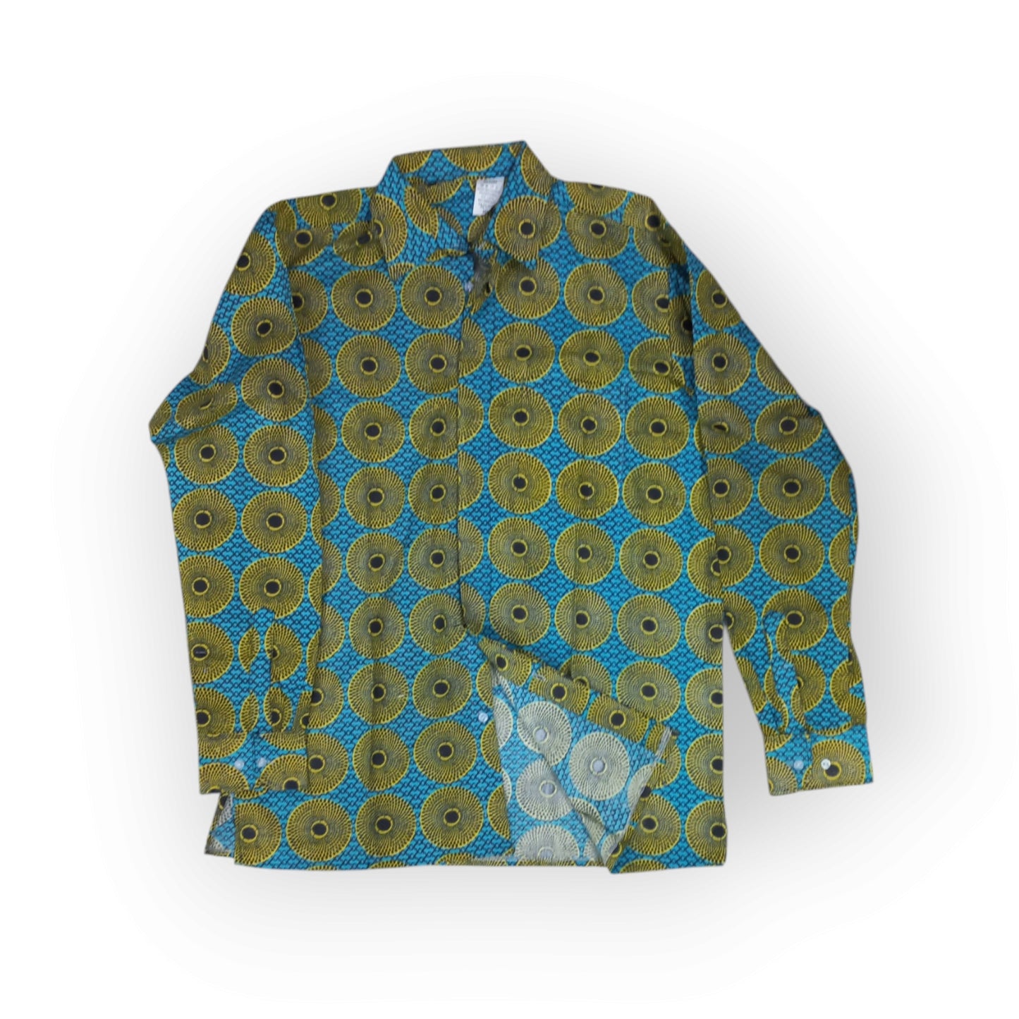 Uhuru Kenyatta style long-sleeve Rivatex shirt with a unique yellow and black circle print on a blue background.