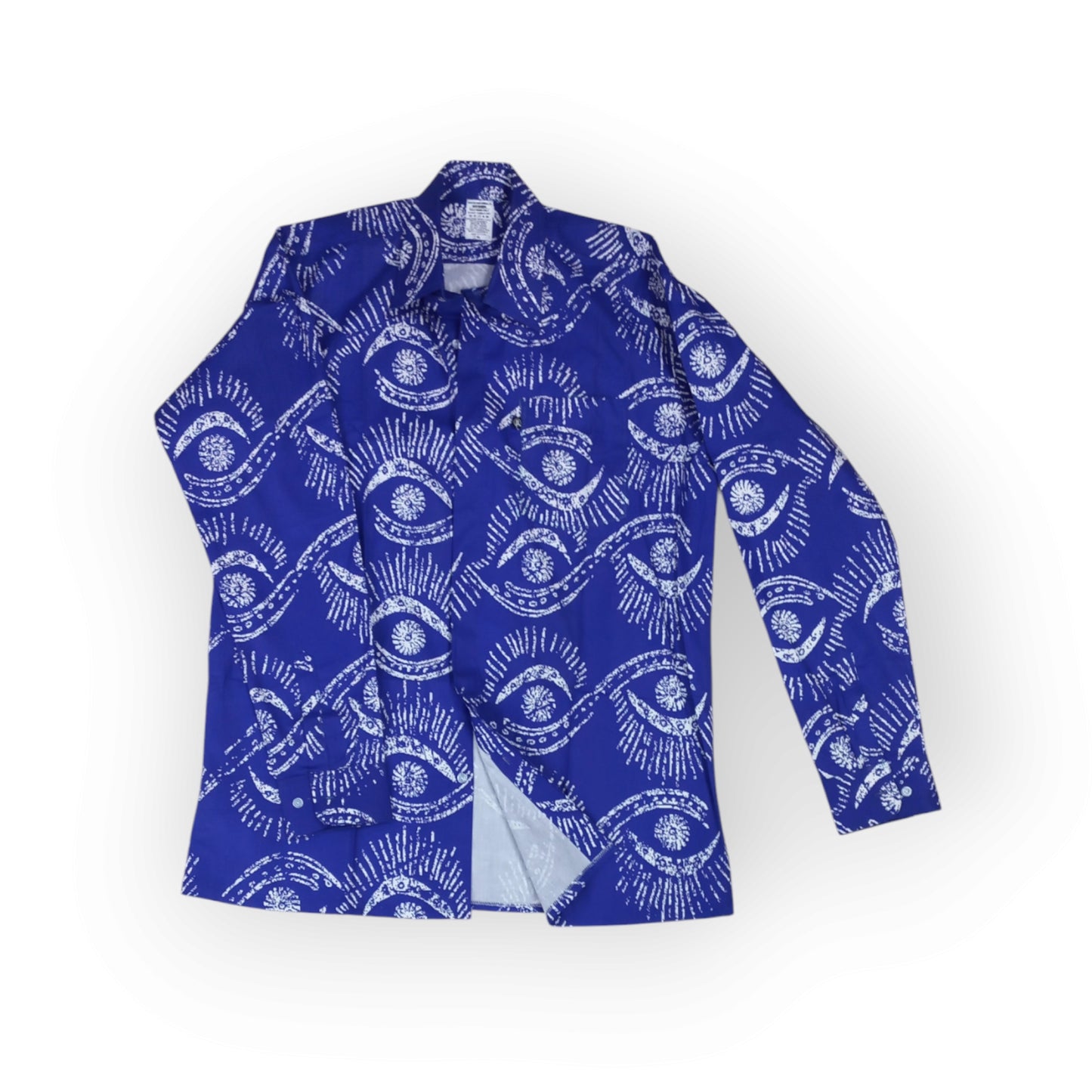 Uhuru Kenyatta style long-sleeve Rivatex shirt featuring a blue and white abstract eye design.