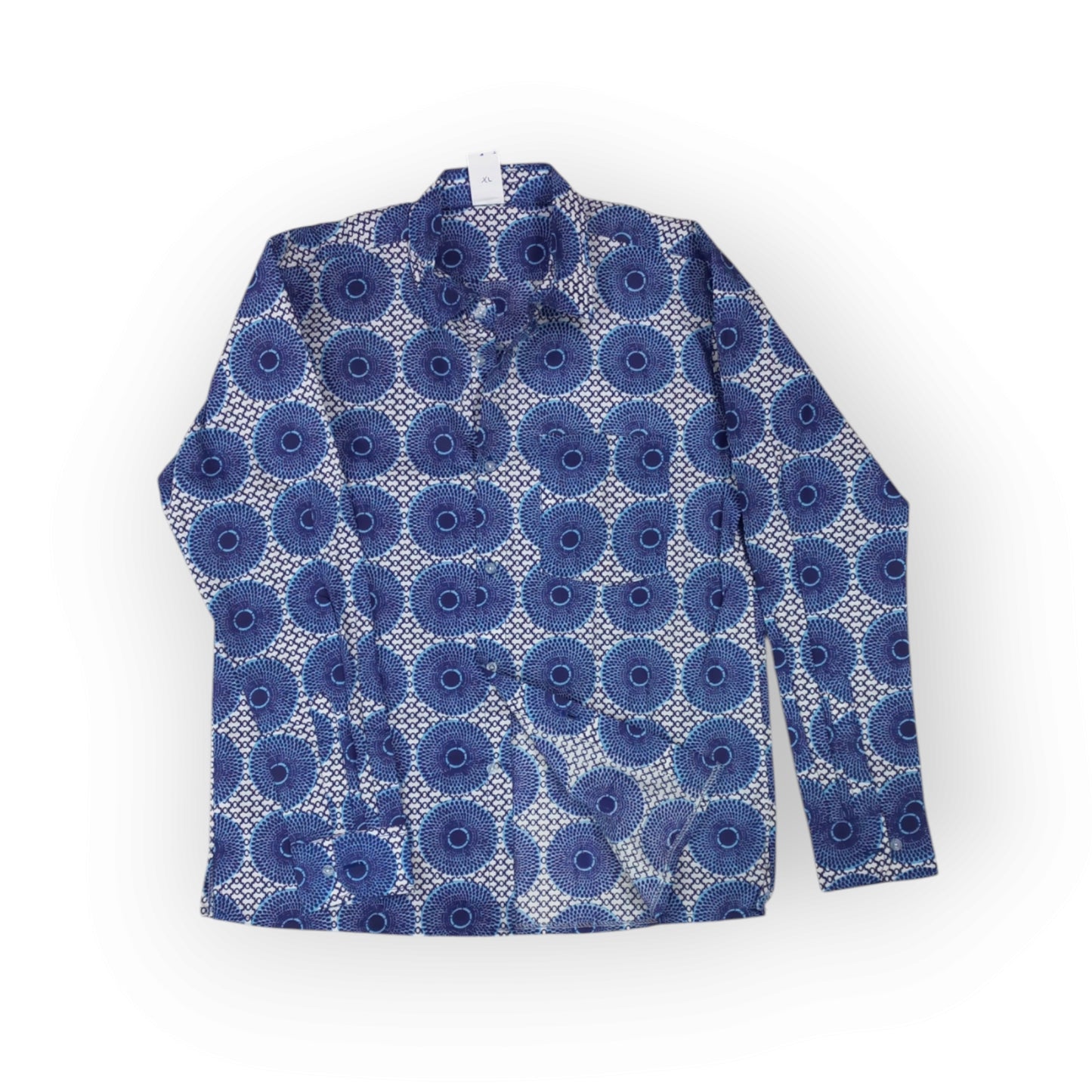 Men's long-sleeve Rivatex shirt with a unique and complex blue and white circular pattern, perfect for a sophisticated look.