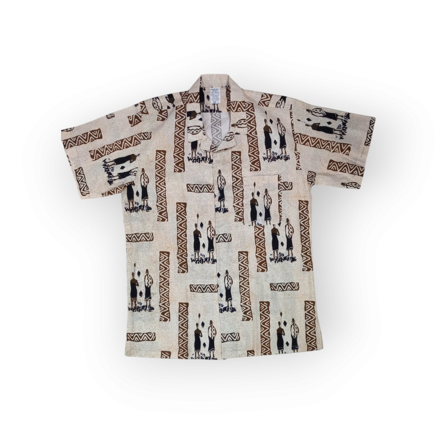 Rivatex Presidential shirt with beige background and brown/black tribal figure pattern, made in Kenya.