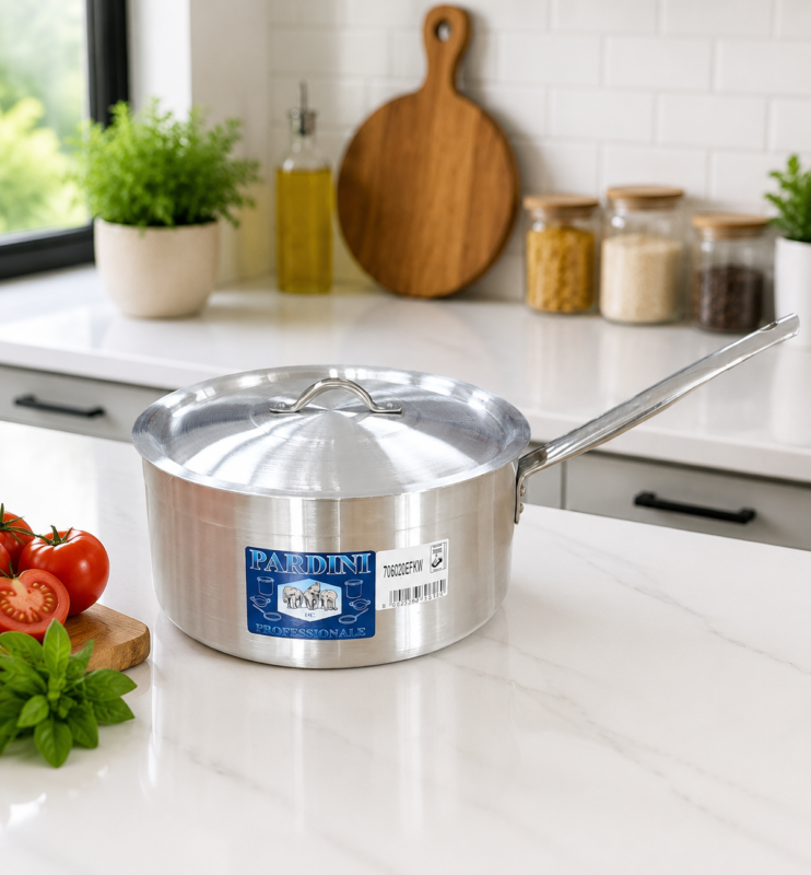 Pardini Professional medium height aluminium saucepan with long handle and lid manufactured by Kaluworks on a kitchen counter