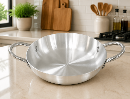 Pardini Professional 701 series polished aluminium paella pan by Kaluworks with dual riveted stainless steel loop handles on a kitchen counter