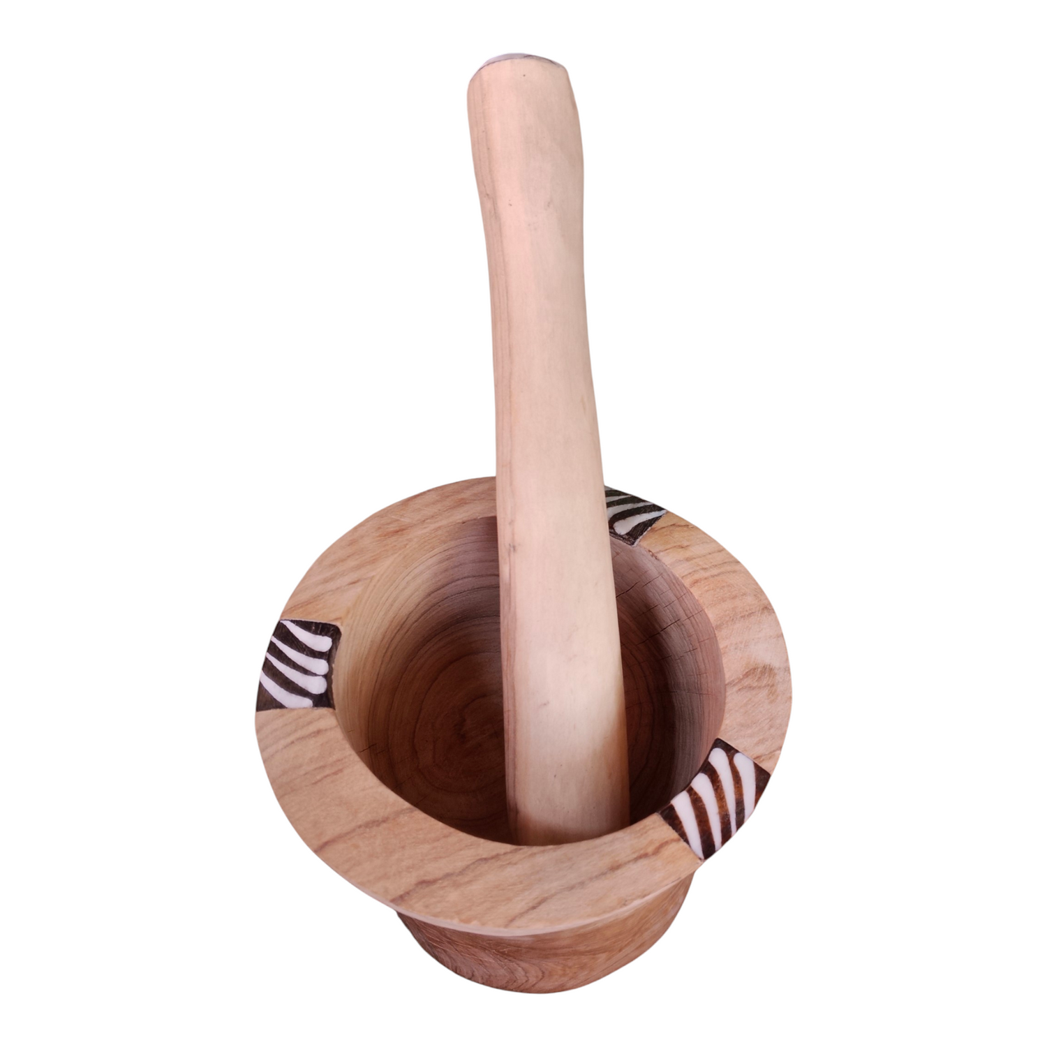 Handcrafted Kenyan olive wood mortar and pestle set with zebra stripe batik bone inlay rim, made in Ukambani Kenya.