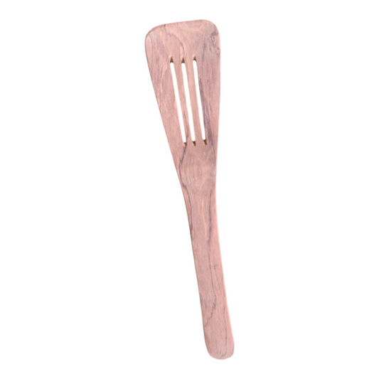 Hand-carved Kenyan olive wood frying spatula with a thin, flat edge, ideal for flipping eggs and pancakes in non-stick pans