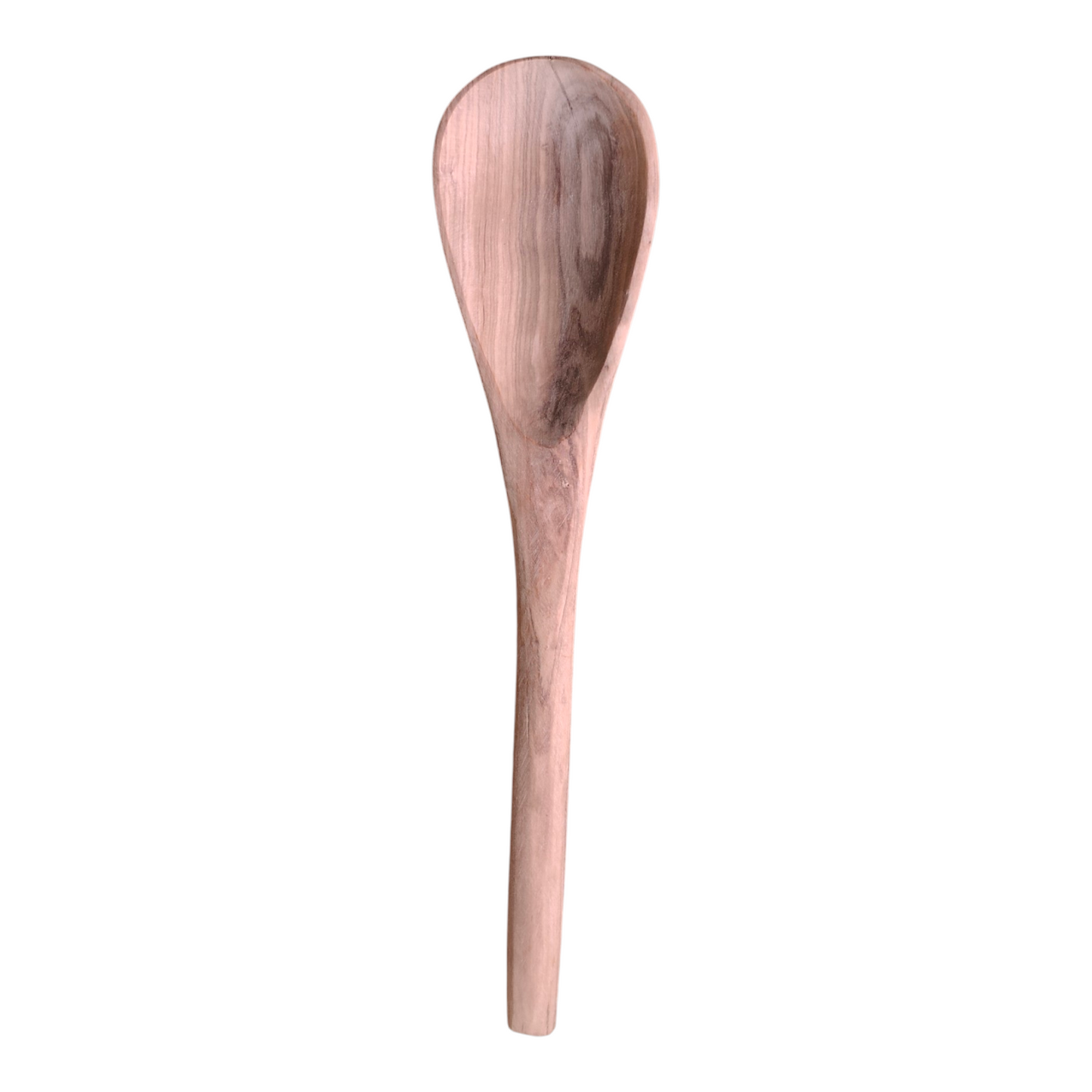 Handcrafted Kenyan olive wood serving spoon with deep bowl and natural marble grain finish on a white background.