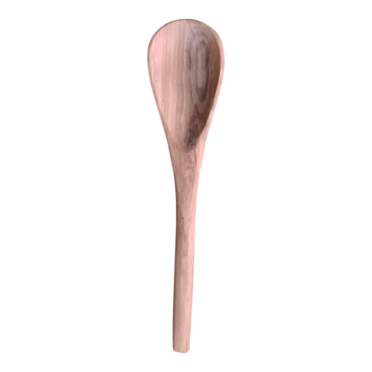 Handcrafted Kenyan olive wood serving spoon with deep bowl and natural marble grain finish on a white background.
