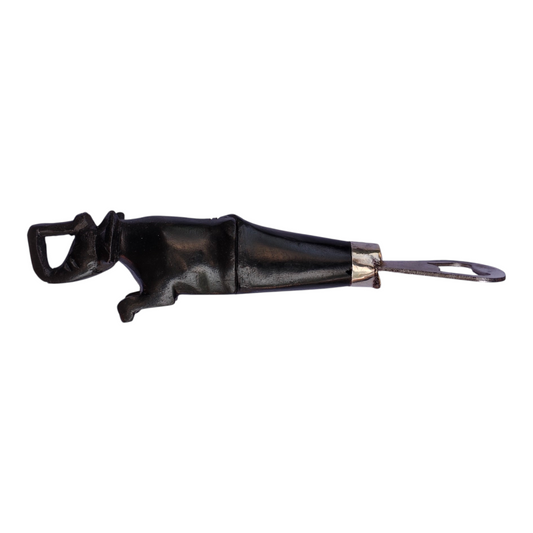 Hand-carved African ebony wood elephant bottle opener made in Kibera Kenya with a durable metal head.