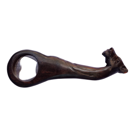 Hand-carved Kenyan ebony wood bottle opener shaped like a giraffe, crafted by Kibera artisans with an integrated metal opener loop.