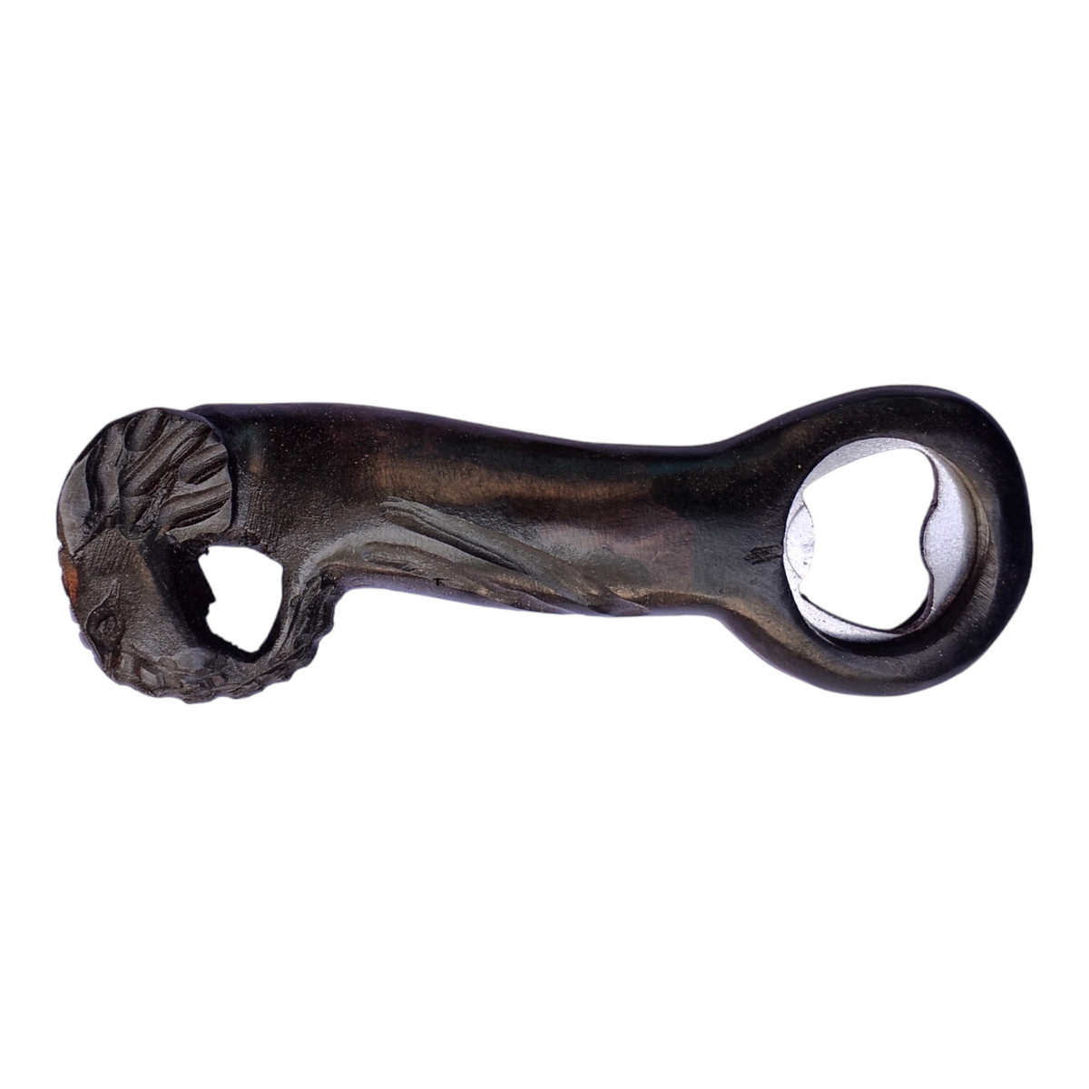 Hand-carved Kenyan ebony wood bottle opener shaped like an elephant with an elongated trunk, crafted by Kibera artisans.