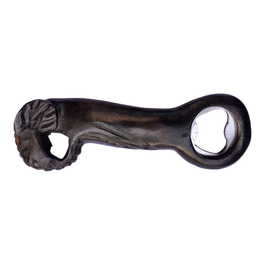 Hand-carved Kenyan ebony wood bottle opener shaped like an elephant with an elongated trunk, crafted by Kibera artisans.