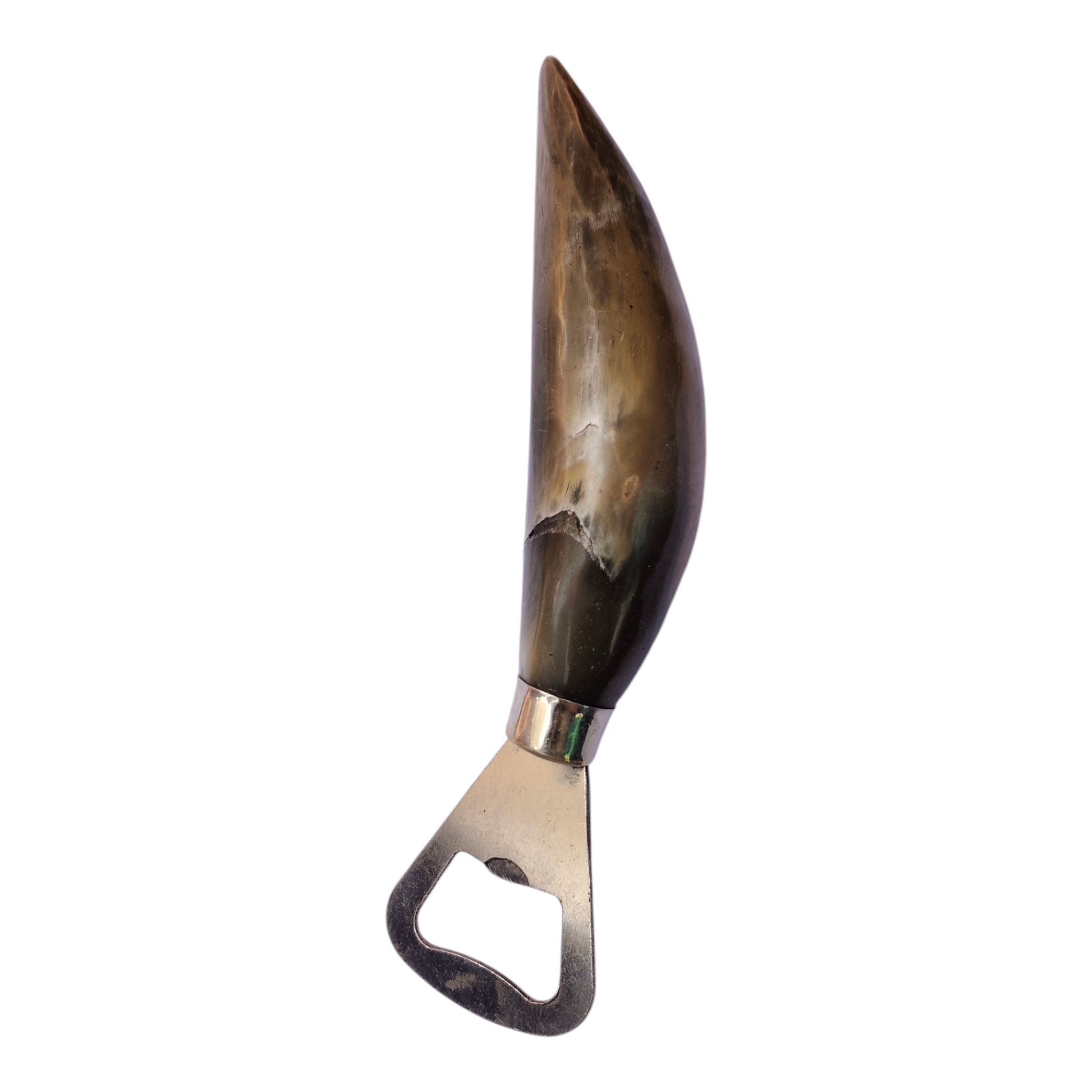 Natural cow horn bottle opener handcrafted by Kibera artisans in Kenya with polished metal ferrule