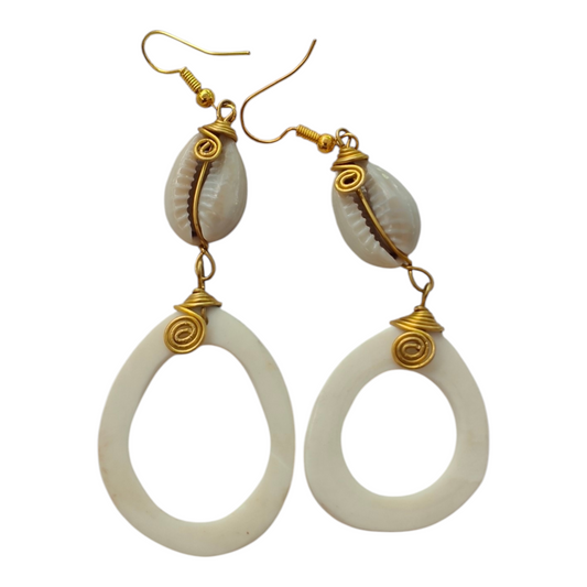 White Bone Open Oval Drop Earrings with Cowrie Shell & Brass | Made in Kibera, Kenya