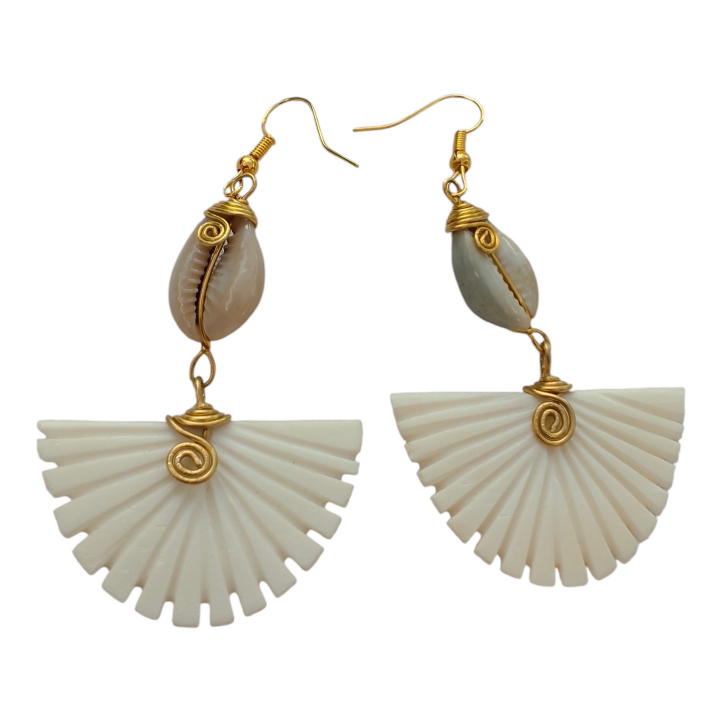 Hand-carved white bone fan statement earrings featuring wire-wrapped natural cowrie shells and brass wire coils, made in Kibera, Nairobi, Kenya.