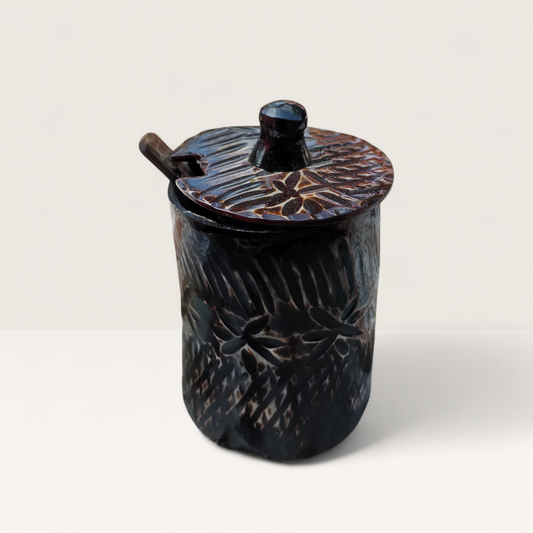 Handcrafted hand-carved floral etched dark pattern Kenyan cow horn sugar bowl with fitted lid and horn spoon, made in Kenya.