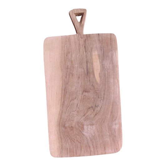 Handcrafted rectangular Kenyan olive wood chopping board with carved handle, made in Ukambani Kenya, showcasing natural wood grain.