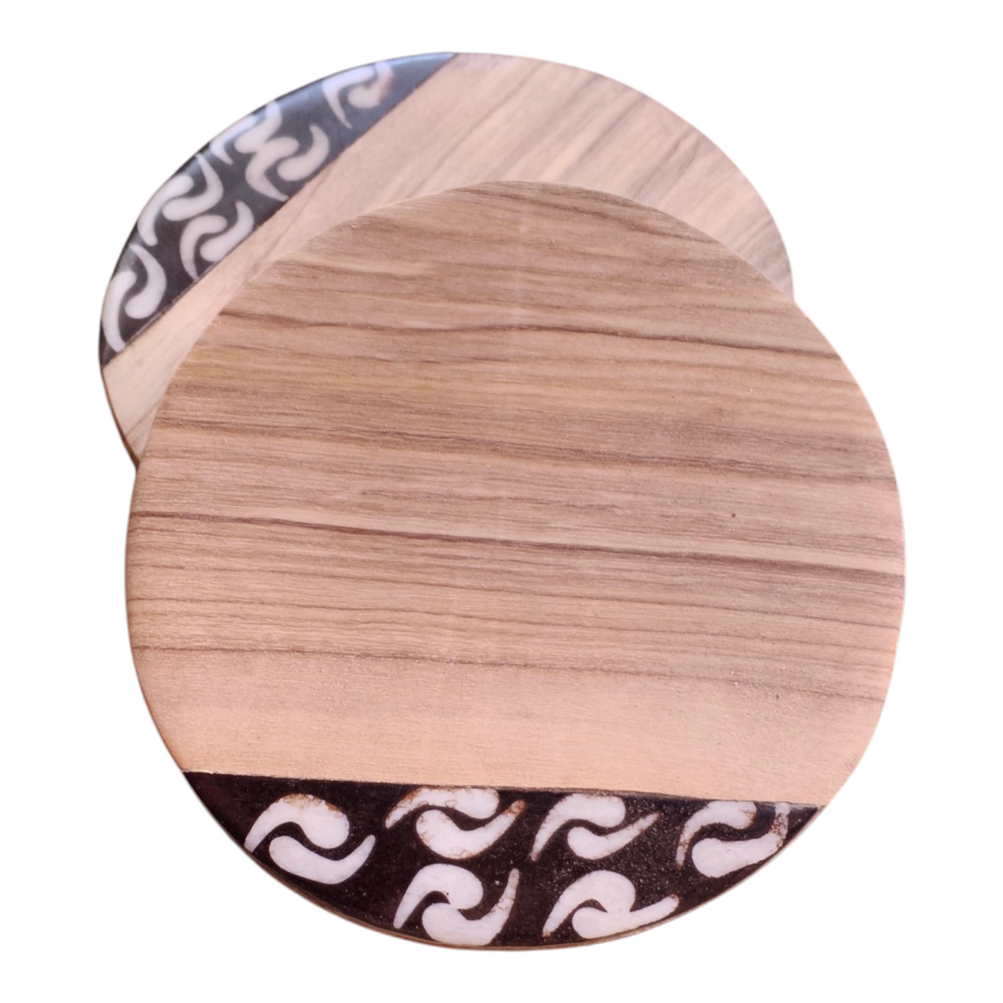 Handcrafted round Kenyan olive wood coasters set of 4 with wave batik bone inlay edge, made in Ukambani Kenya